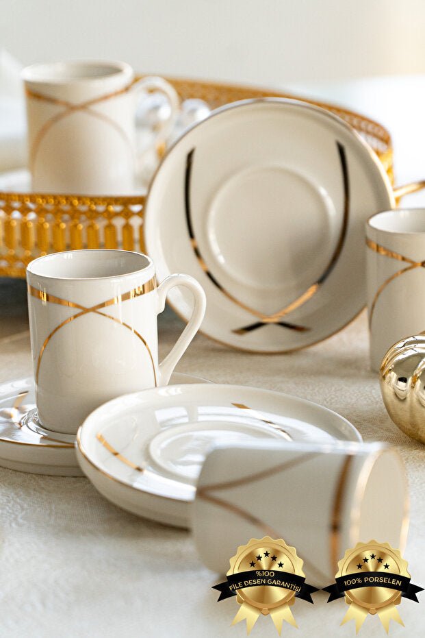 Heda Porcelain Premium Ribbon Turkish Coffee Set - 12 Pieces - TryAladdin