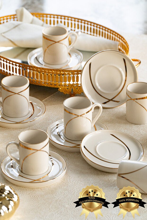 Heda Porcelain Premium Ribbon Turkish Coffee Set - 12 Pieces - TryAladdin