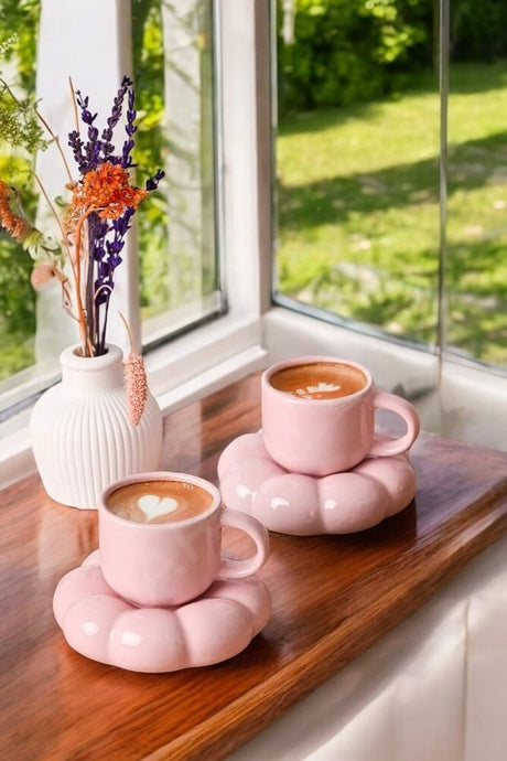 Heredot Premium Daisy Ceramic Pink Turkish Coffee Cup Set - Set of 2 (95ml Each) - TryAladdin