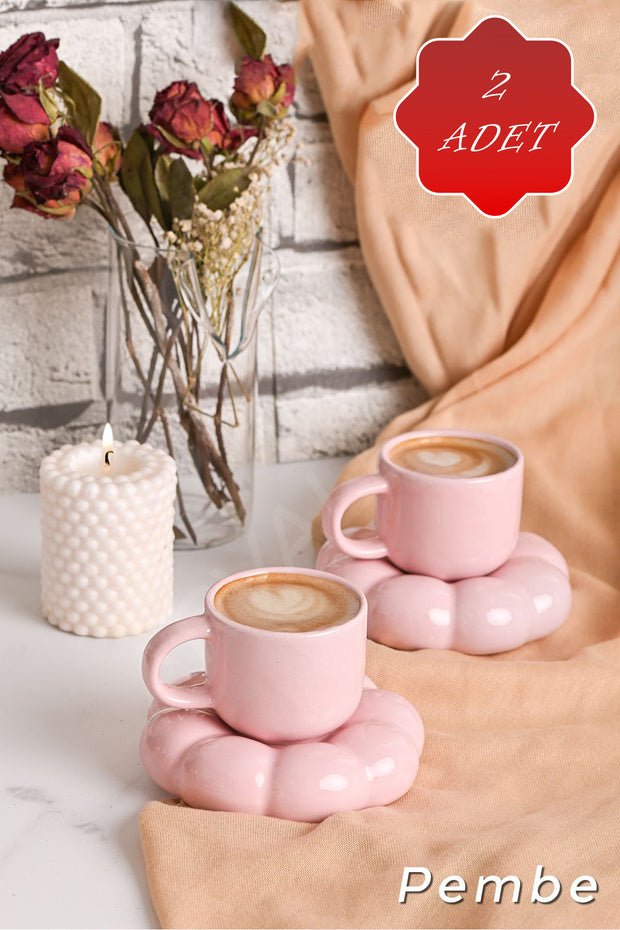 Heredot Premium Daisy Ceramic Pink Turkish Coffee Cup Set - Set of 2 (95ml Each) - TryAladdin