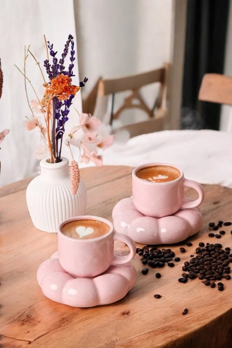 Heredot Premium Daisy Ceramic Pink Turkish Coffee Cup Set - Set of 2 (95ml Each) - TryAladdin