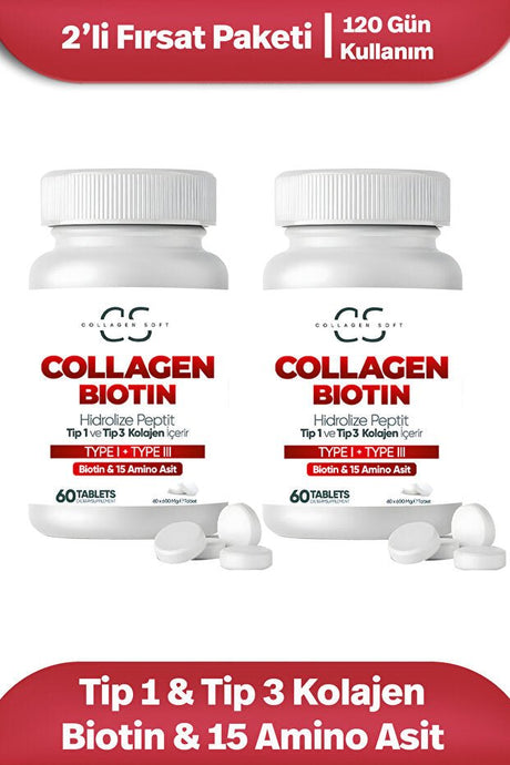 Hydrolyzed Type 1 & 3 Collagen Biotin 15 Amino Acid 60 Tablets x 2 - TryAladdin