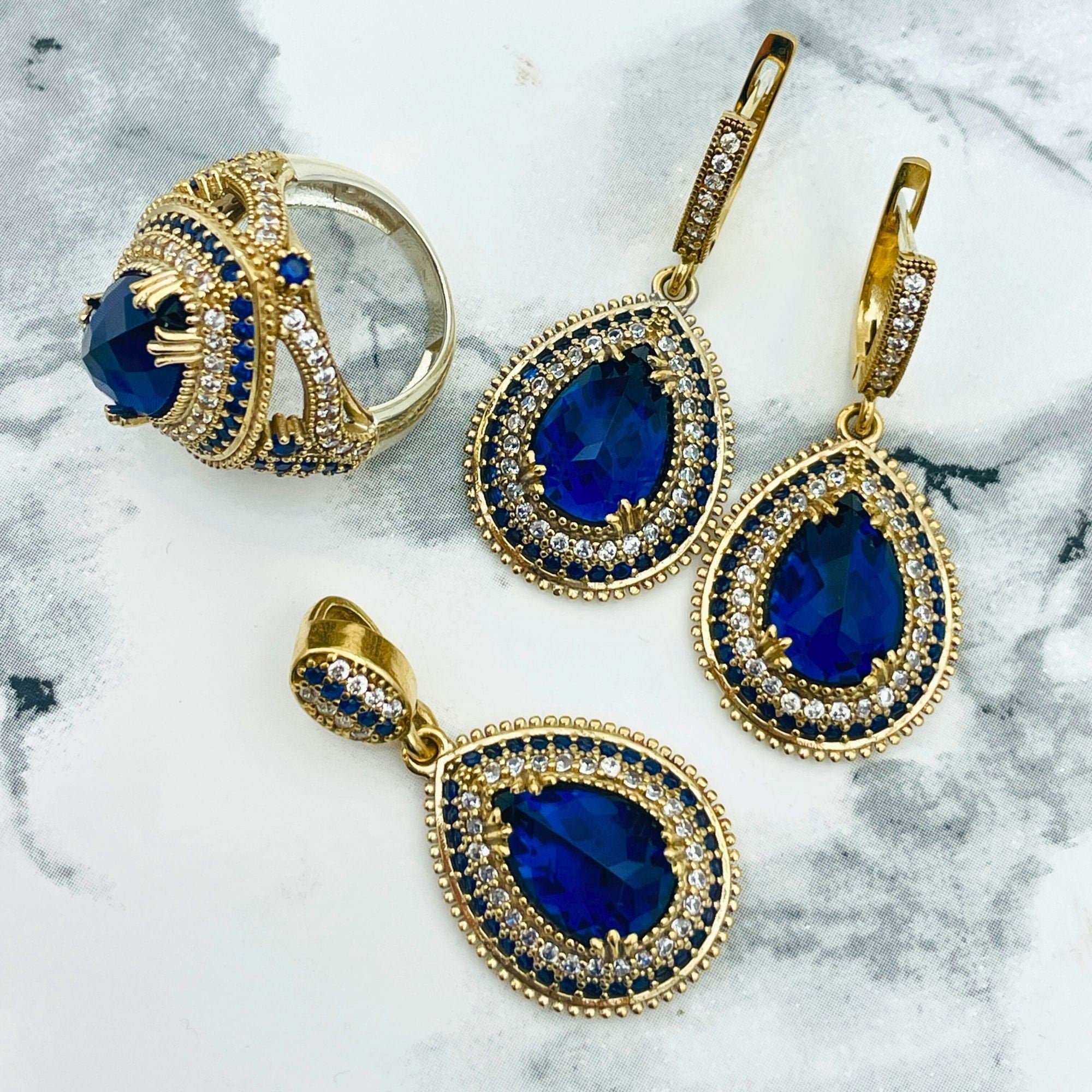 Exquisite Ottoman Sapphire Jewelry Set | Handmade 925 Sterling Silver | Turkish Heritage Collection