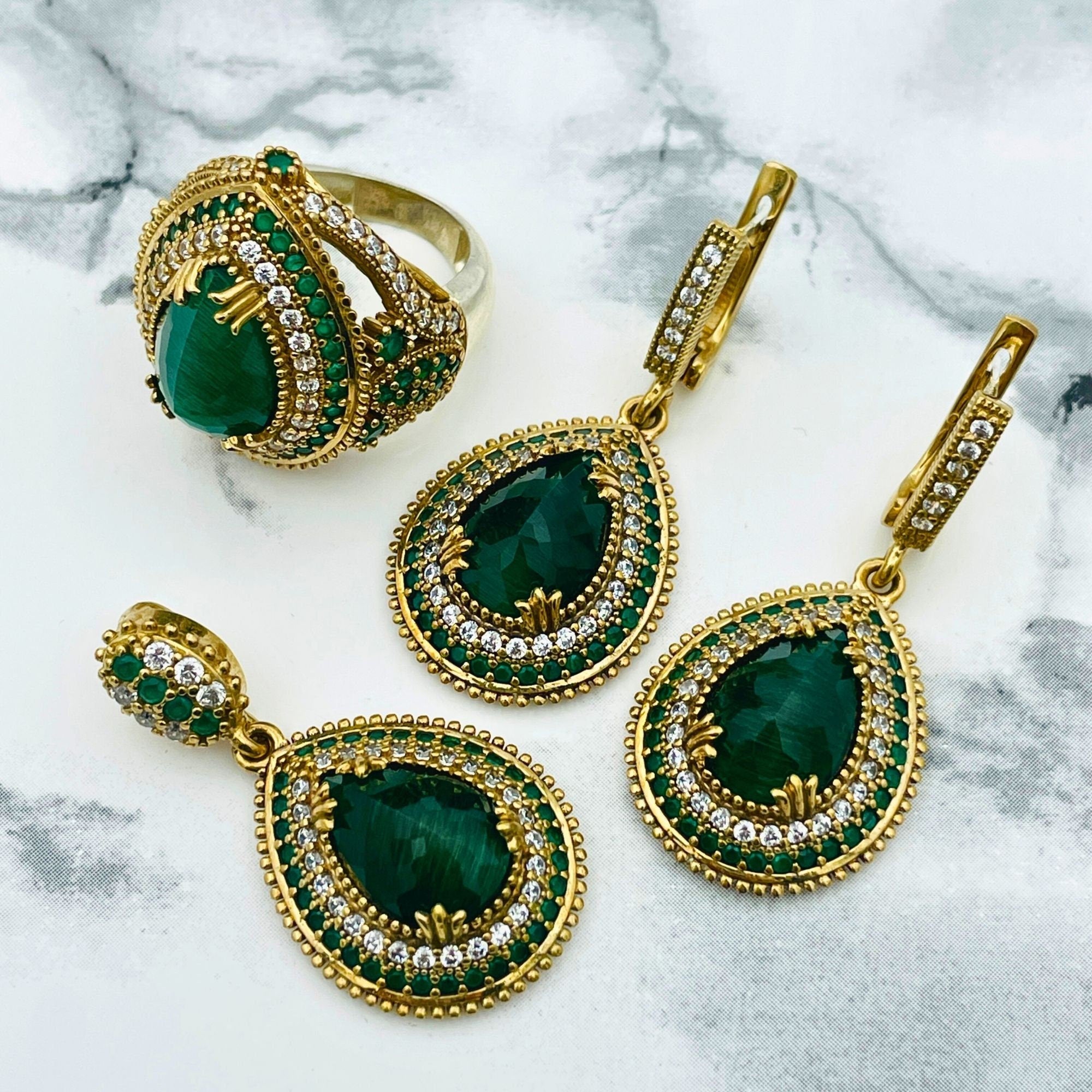 Luxury Turkish Ottoman Style Emerald Jewelry Set | Handmade 925 Sterling Silver Necklace, Ring, Earrings & Bracelet Gift