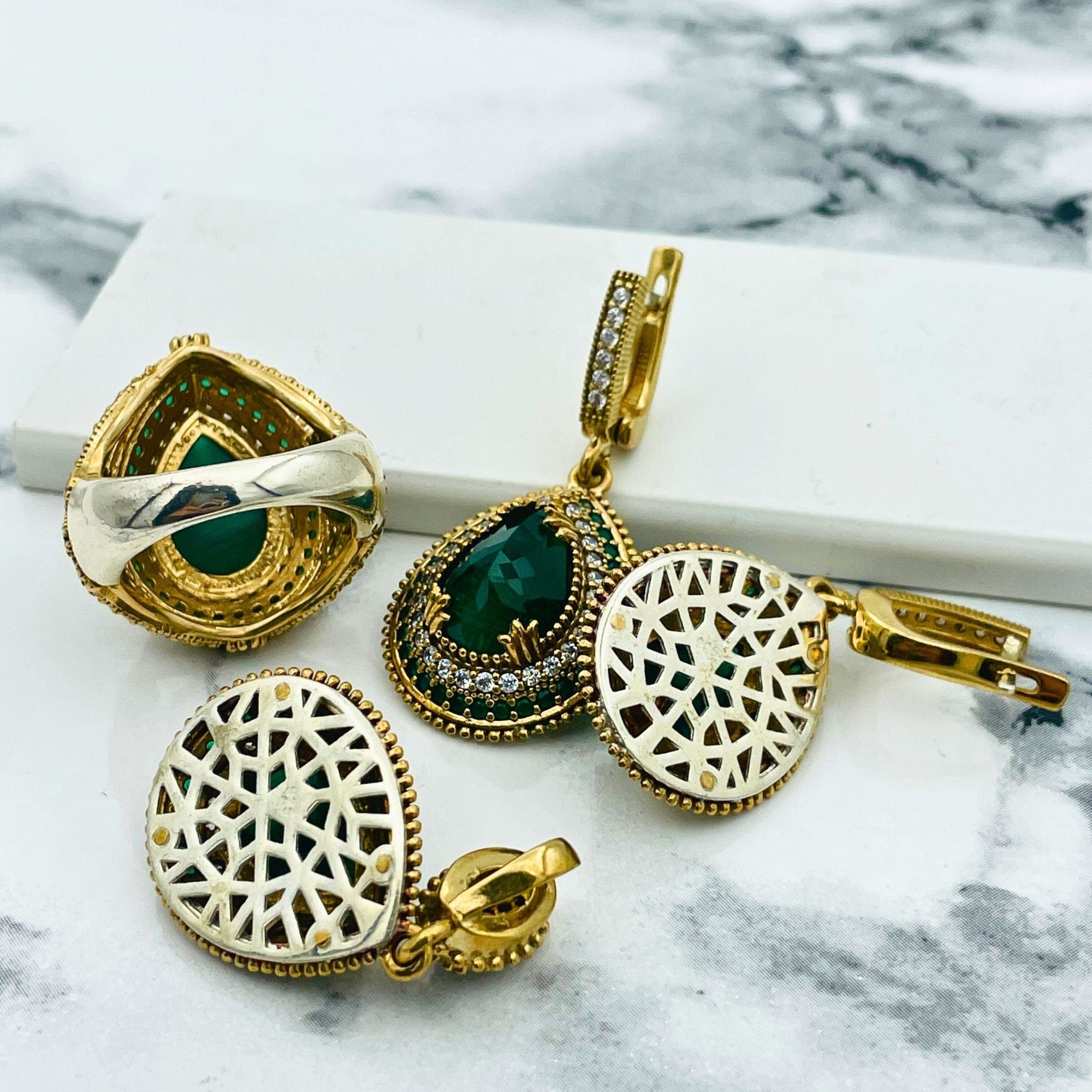 Luxury Turkish Ottoman Style Emerald Jewelry Set | Handmade 925 Sterling Silver Necklace, Ring, Earrings & Bracelet Gift