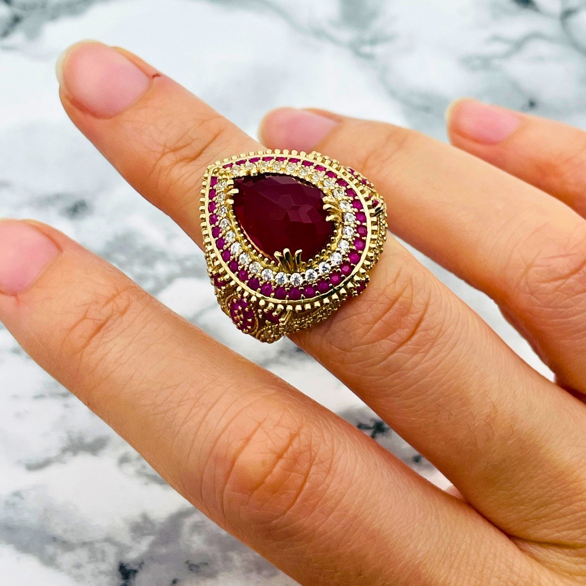 Ensemble de bijoux exquis en argent ottoman rubis | Collier, bague et boucles d'oreilles turques faits main | Argent sterling fin 925