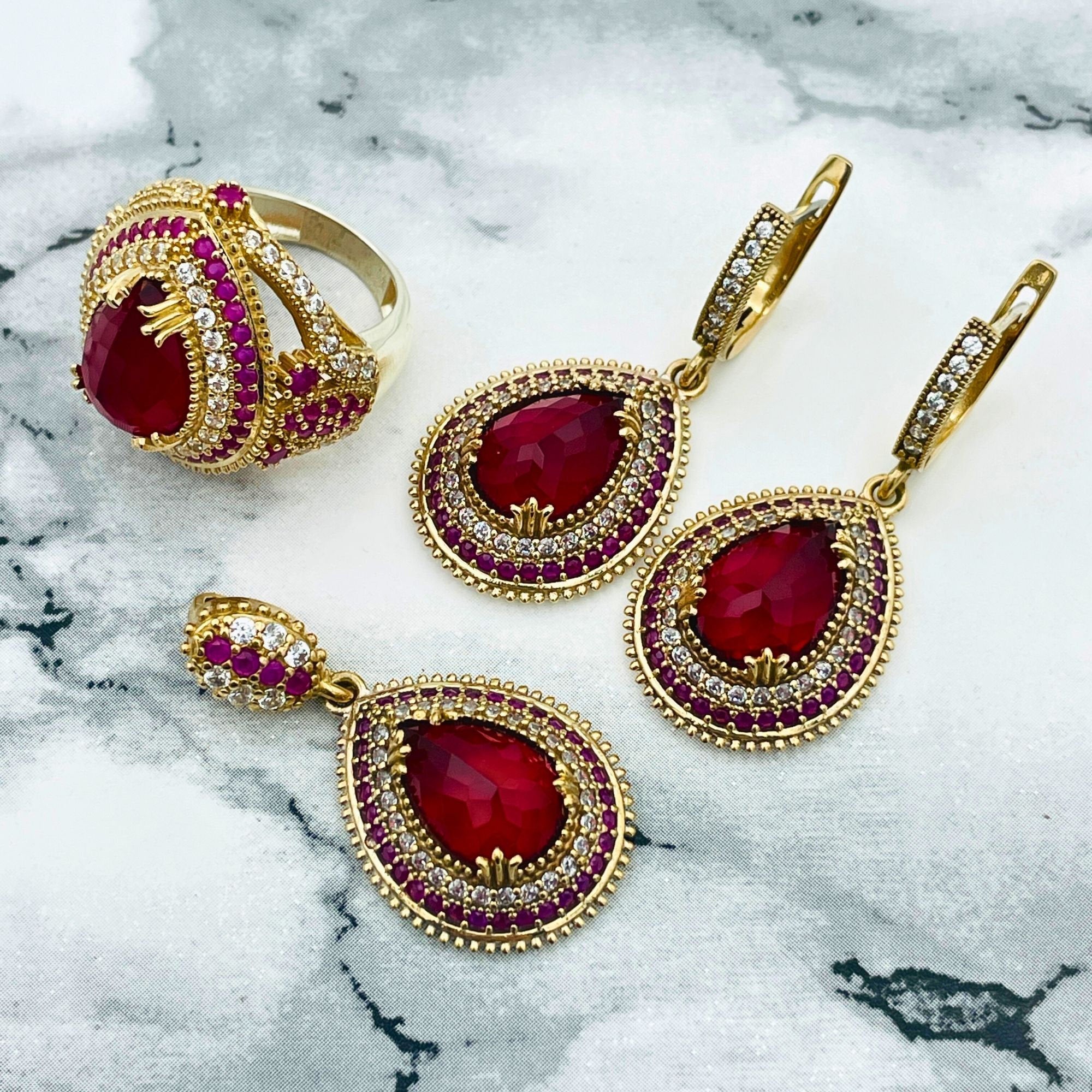 Ensemble de bijoux exquis en argent ottoman rubis | Collier, bague et boucles d'oreilles turques faits main | Argent sterling fin 925