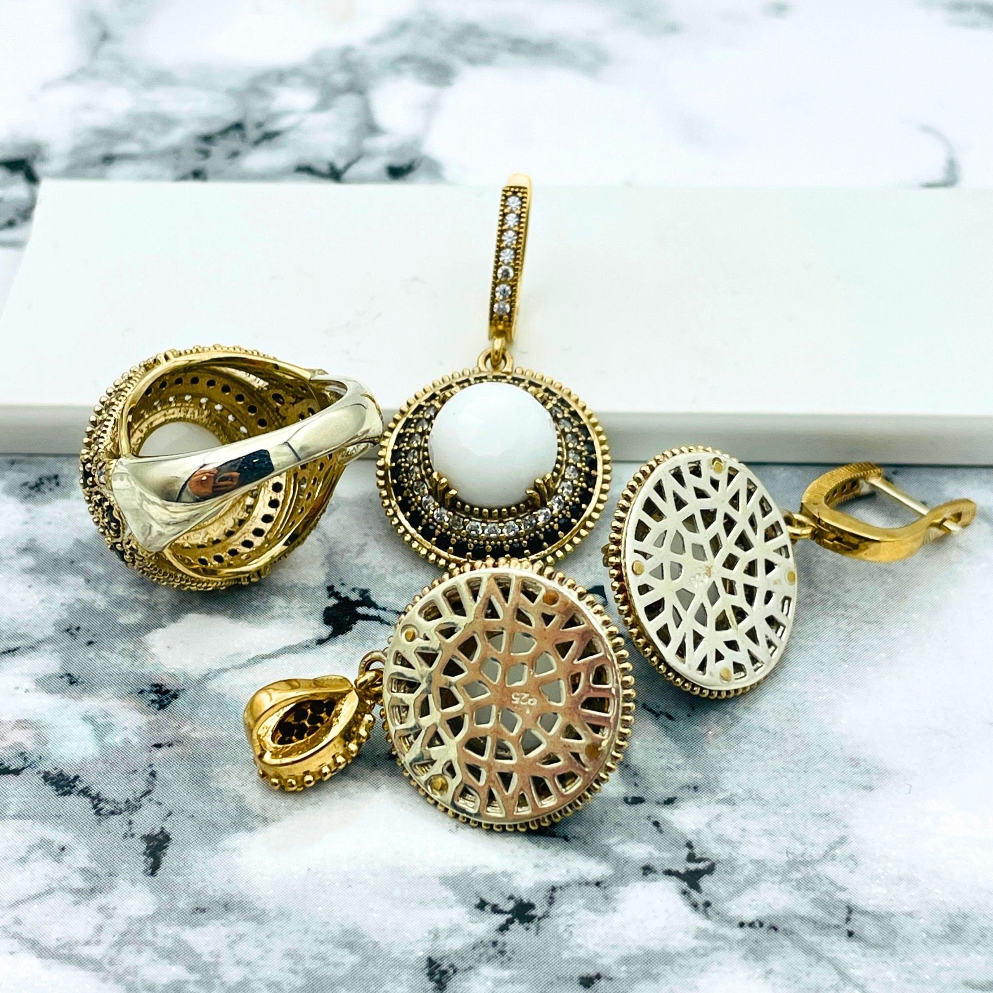 Handmade White Agate Ottoman Style 925 Sterling Silver Jewelry Set - Turkish Heirloom Necklace, Ring, Earrings & Bracelet