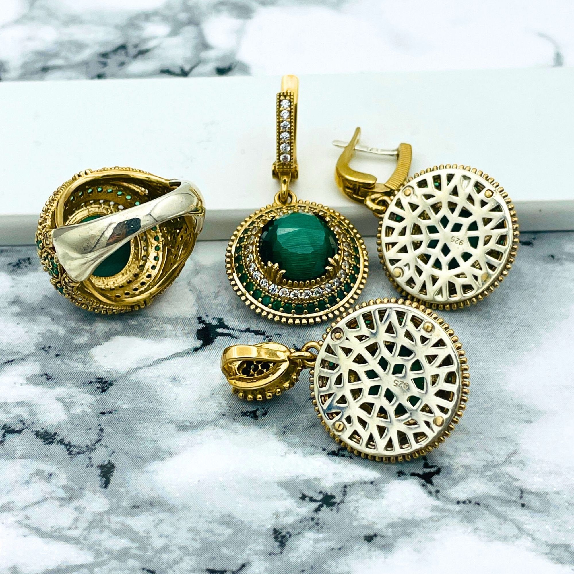 طقم مجوهرات من الفضة الإسترلينية 925 على الطراز العثماني التركي مع الملاكيت - عقد، خاتم وأقراط يدوية الصنع | هدية فاخرة