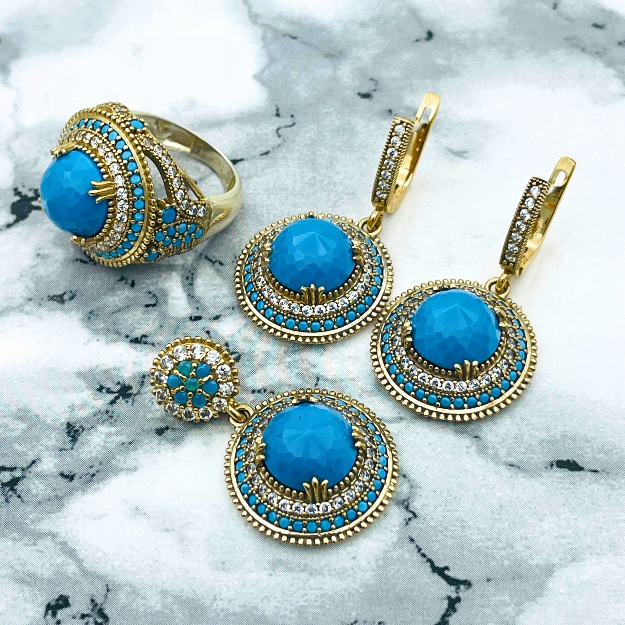Exquisite Ottoman Turquoise 925 Sterling Silver Jewelry Set | Handmade Necklace, Ring, Earrings | Authentic Turkish Craftsmanship