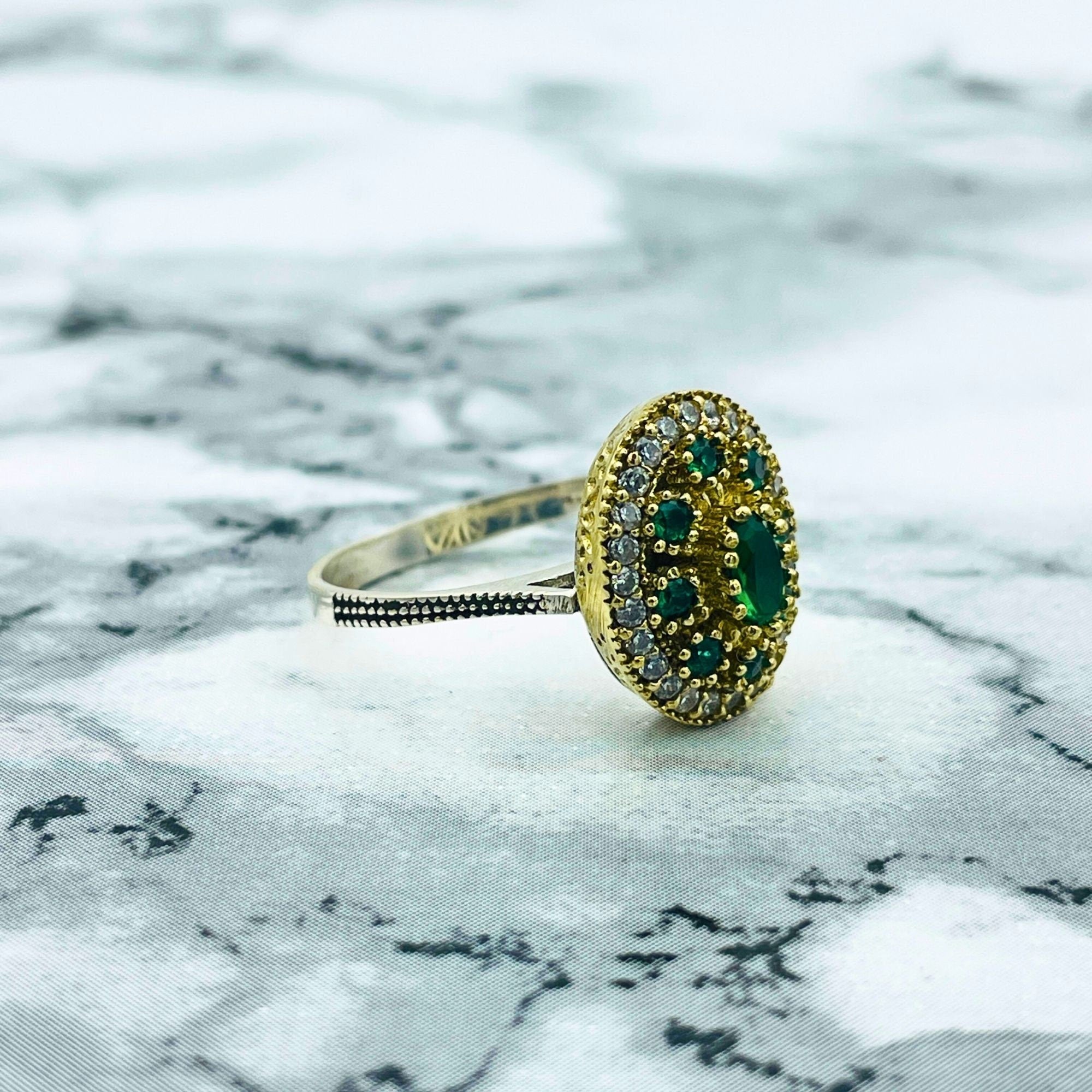 Handmade Ottoman Style Sterling Silver Ring with Emerald | Turkish Artisan Jewelry for Women