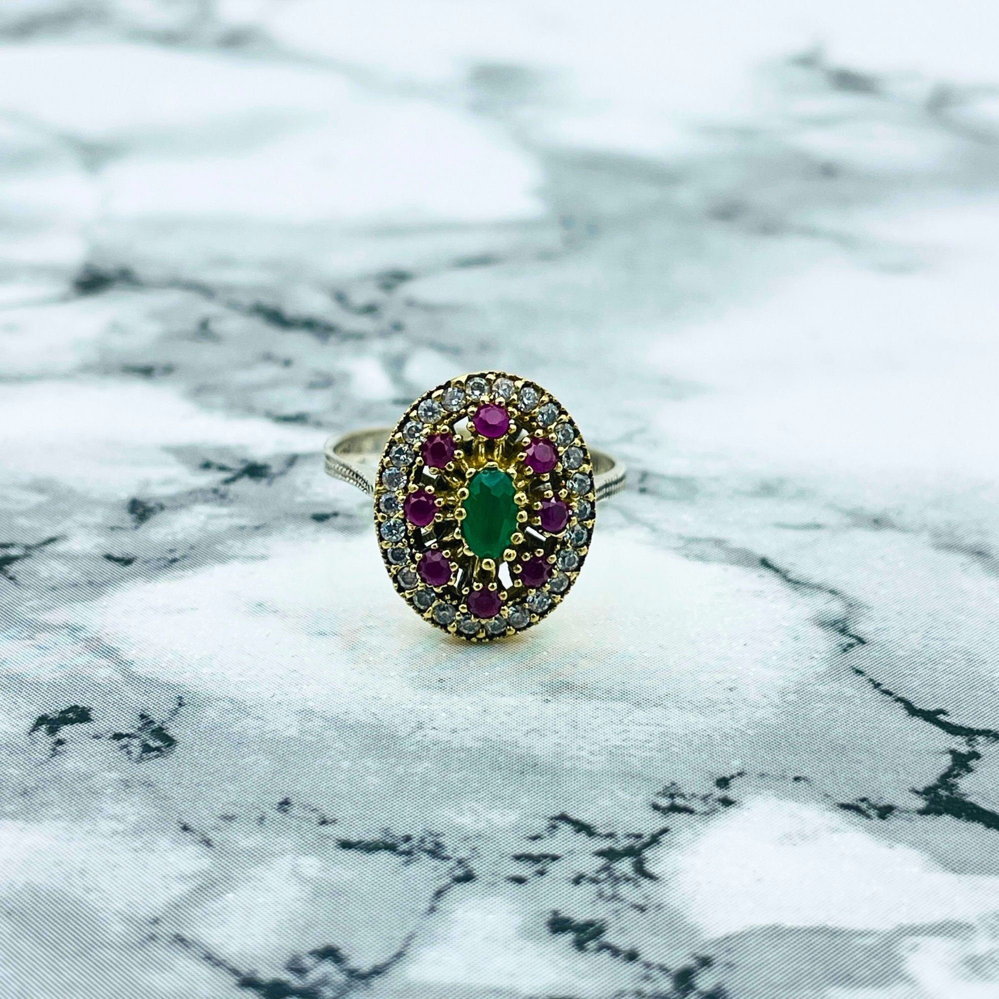 Exquisite Handmade Turkish Sterling Silver Emerald & Ruby Ottoman Style Women's Ring