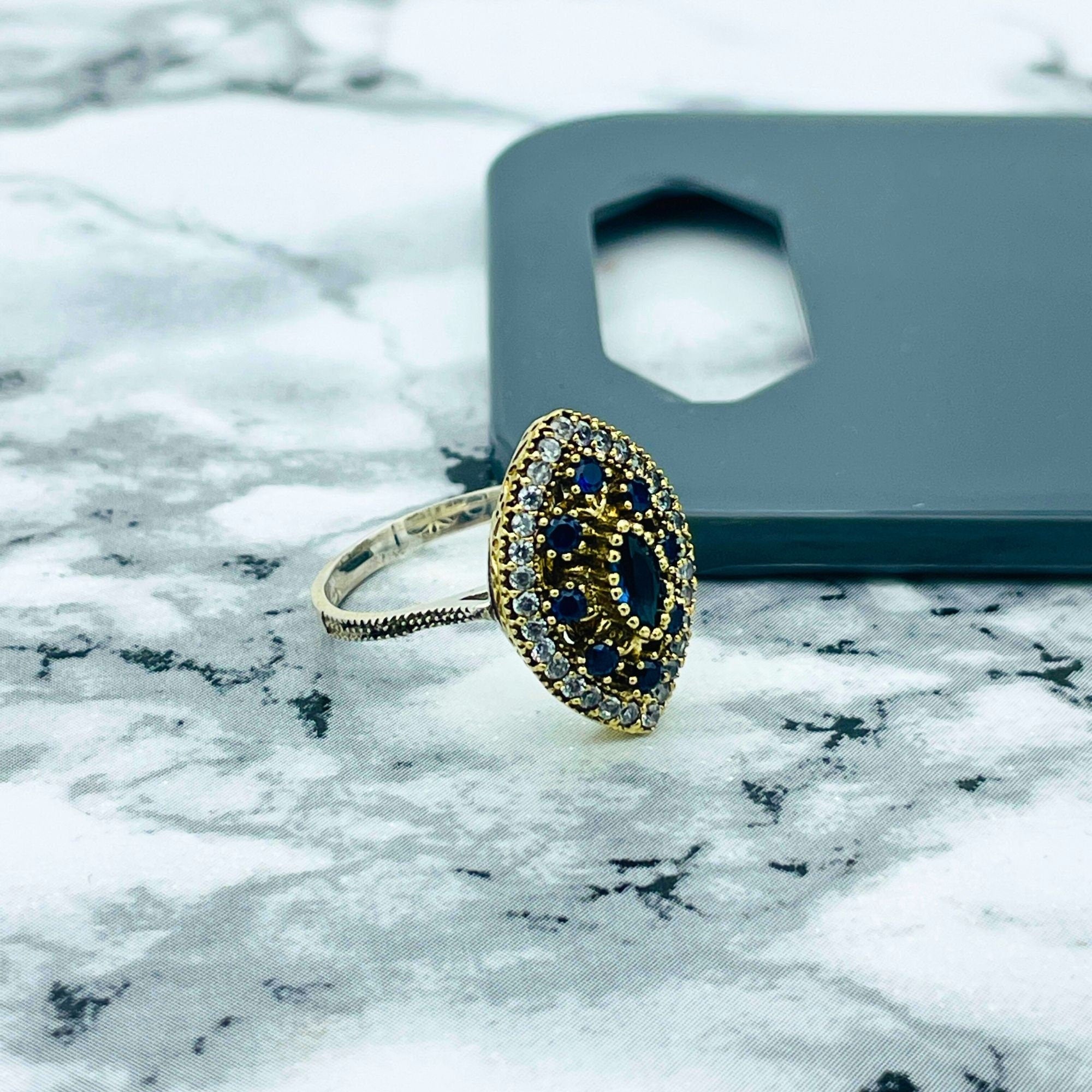 Turkish Handmade Marquise Sapphire Silver Ring - Ottoman Style Women's Jewelry