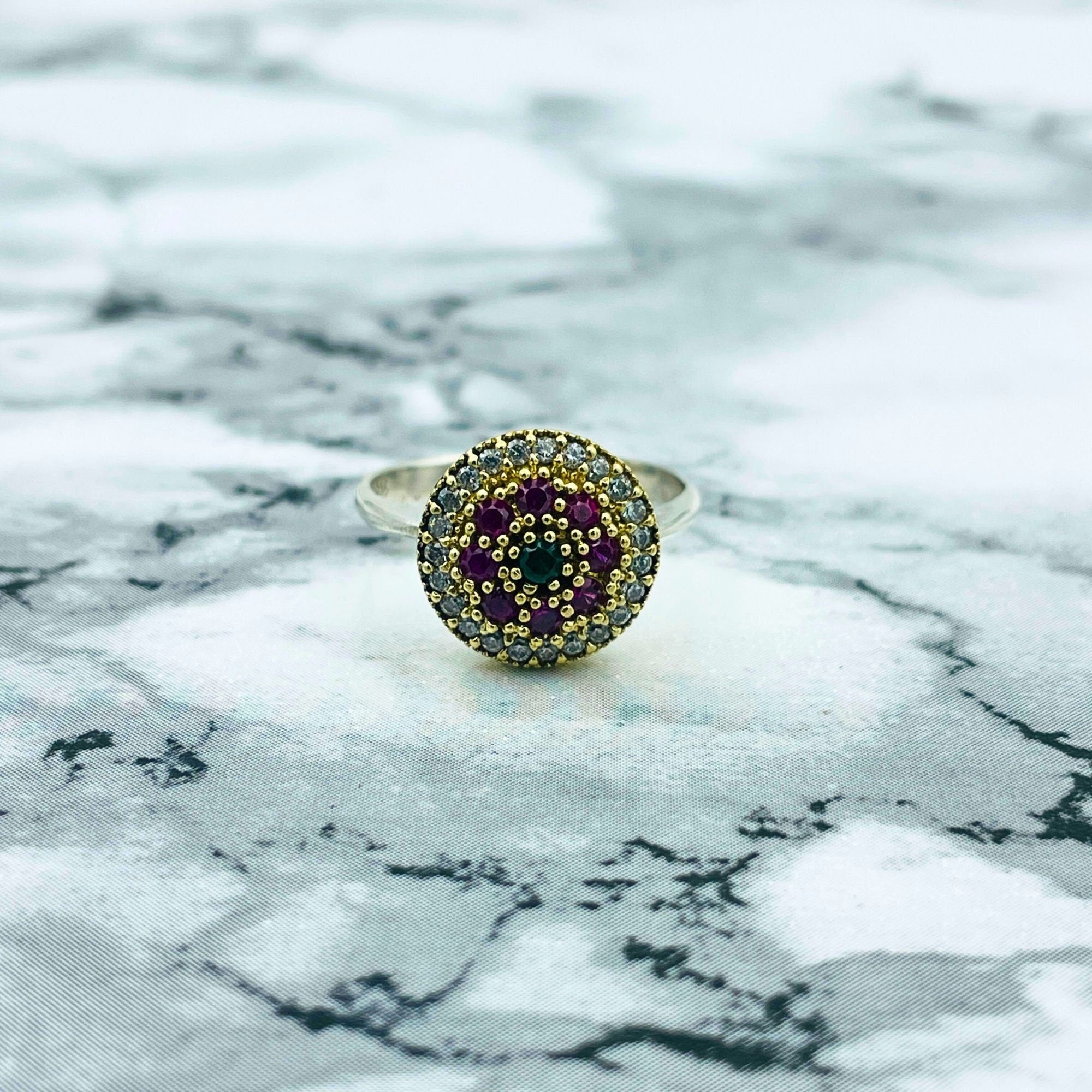 Exquisite Turkish Handmade Ottoman Silver Ring | Ruby & Emerald Gemstones | Unique Women's Statement Jewelry