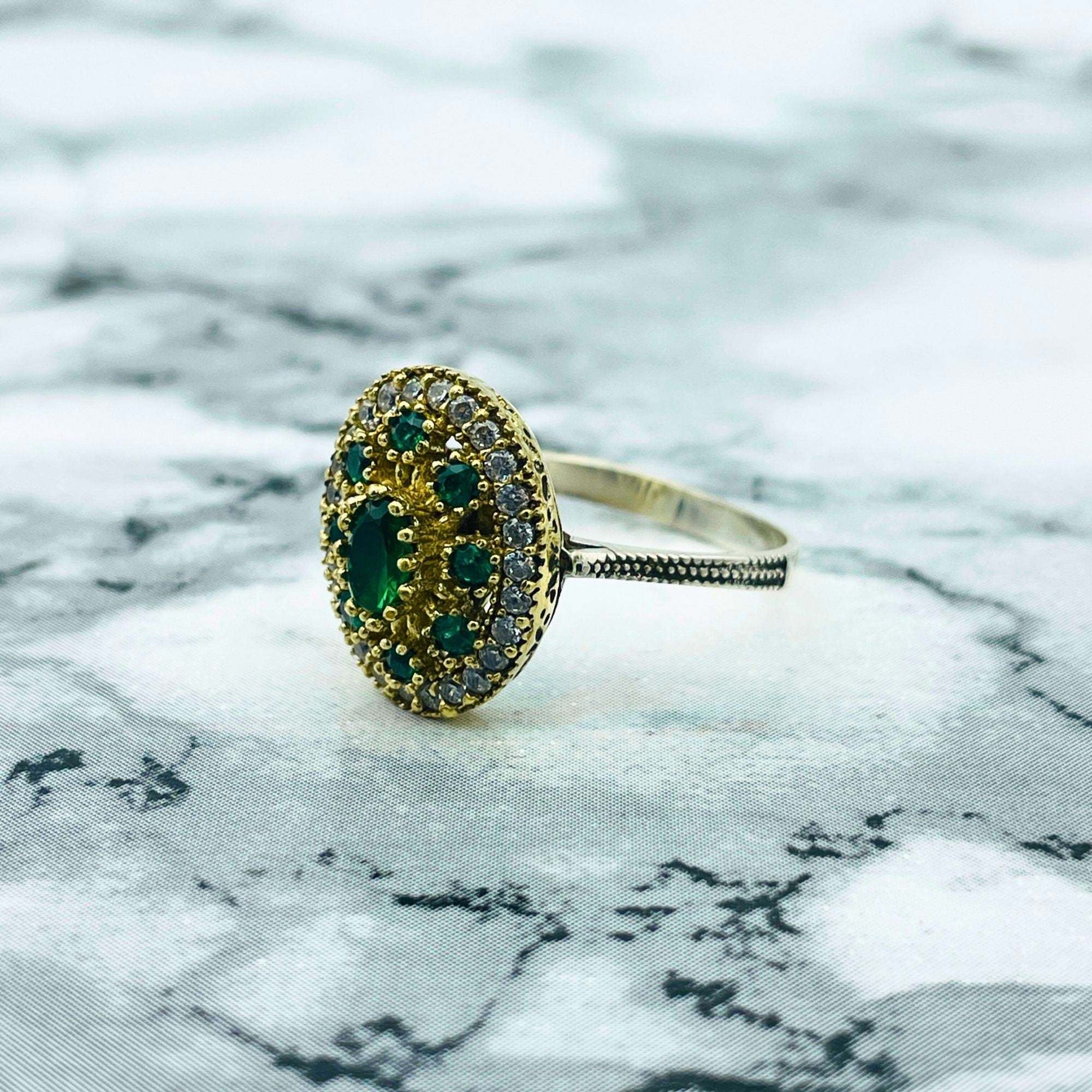 Handmade Ottoman Style Sterling Silver Ring with Emerald | Turkish Artisan Jewelry for Women