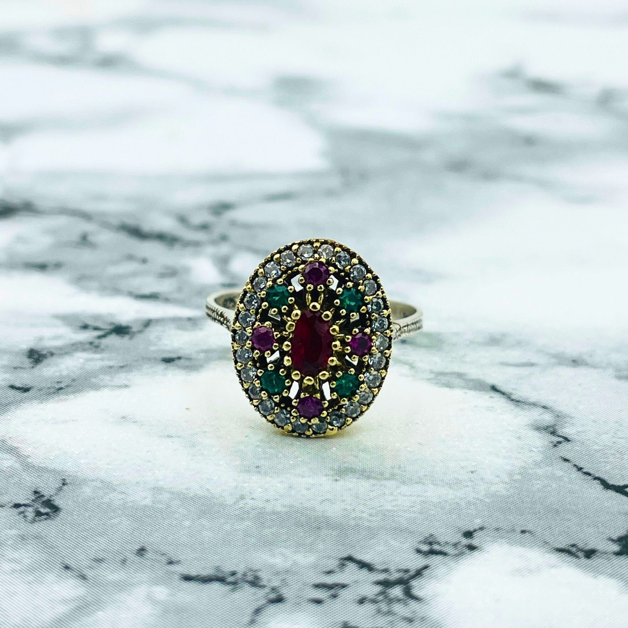Turkish Handmade Sterling Silver Ruby & Emerald Ottoman Style Women's Ring