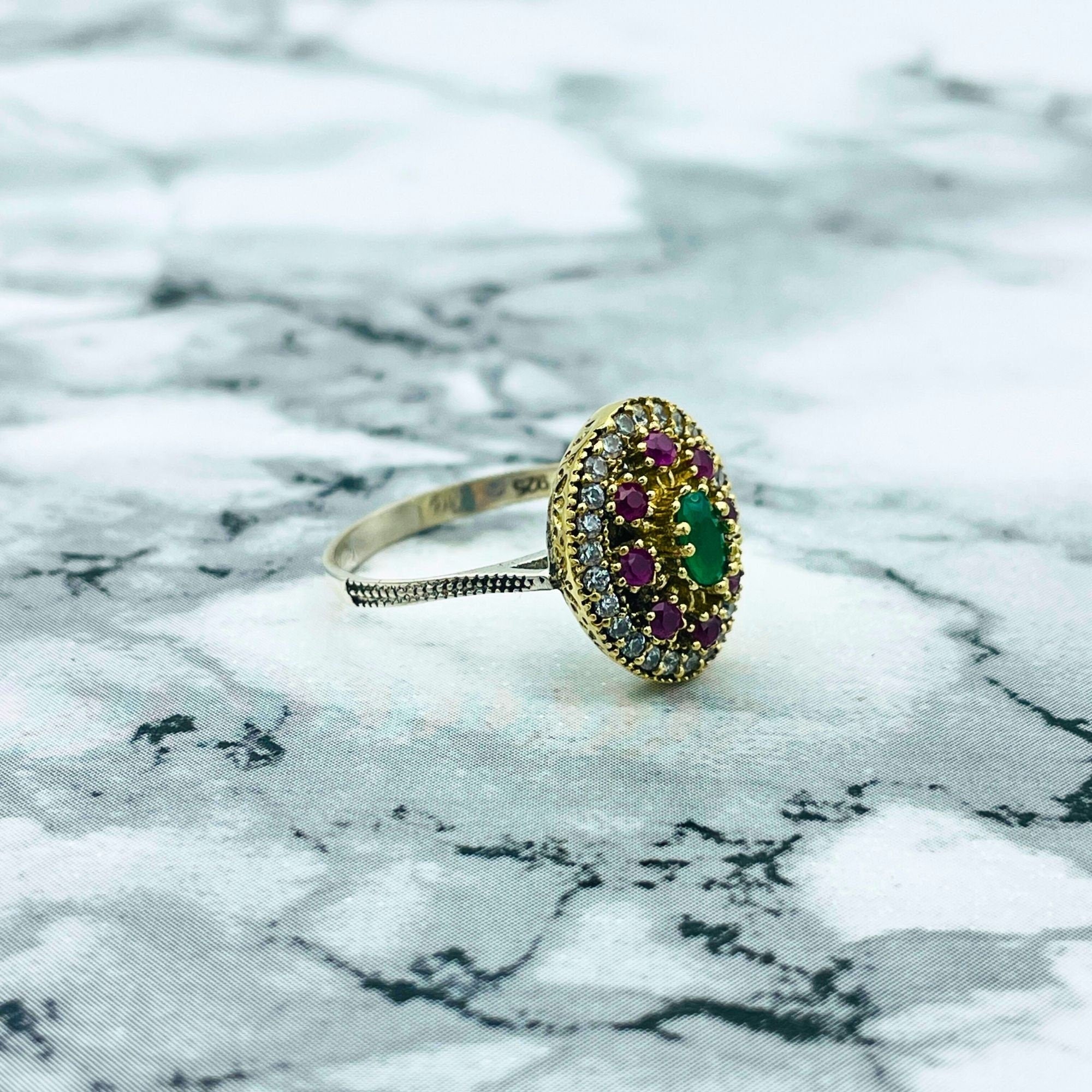 Exquisite Handmade Turkish Sterling Silver Emerald & Ruby Ottoman Style Women's Ring