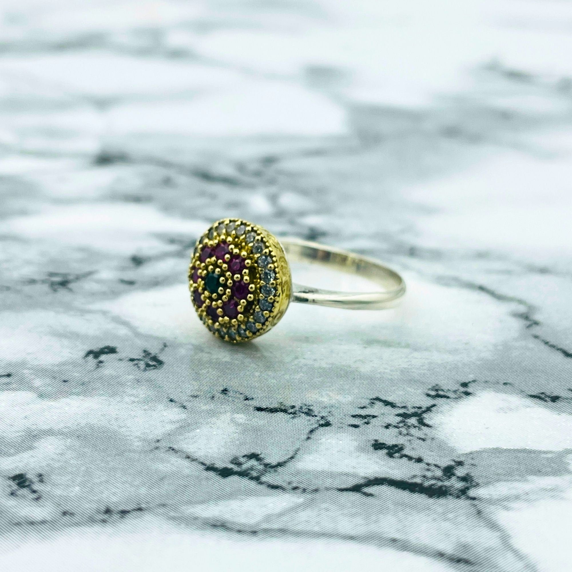 Exquisite Turkish Handmade Ottoman Silver Ring | Ruby & Emerald Gemstones | Unique Women's Statement Jewelry