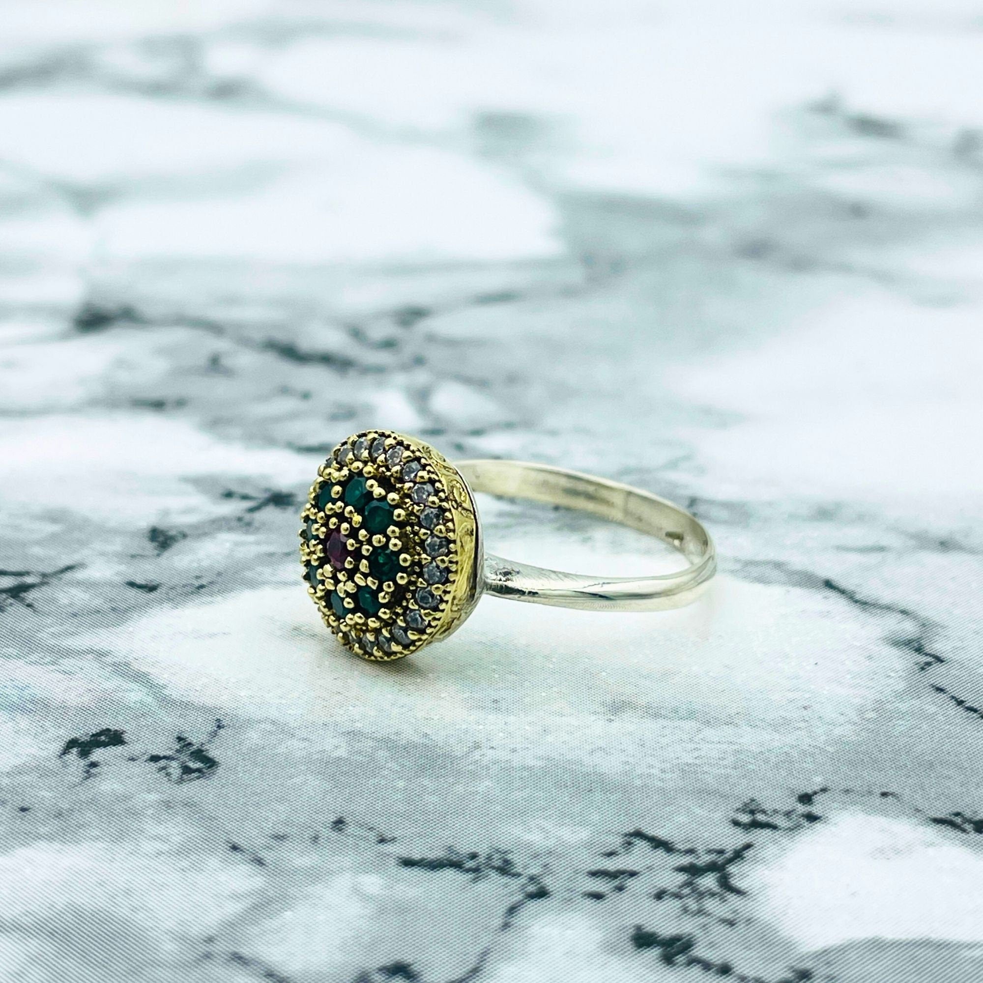 Turkish Handmade Emerald Sterling Silver Ring - Ottoman Style Women's Jewelry