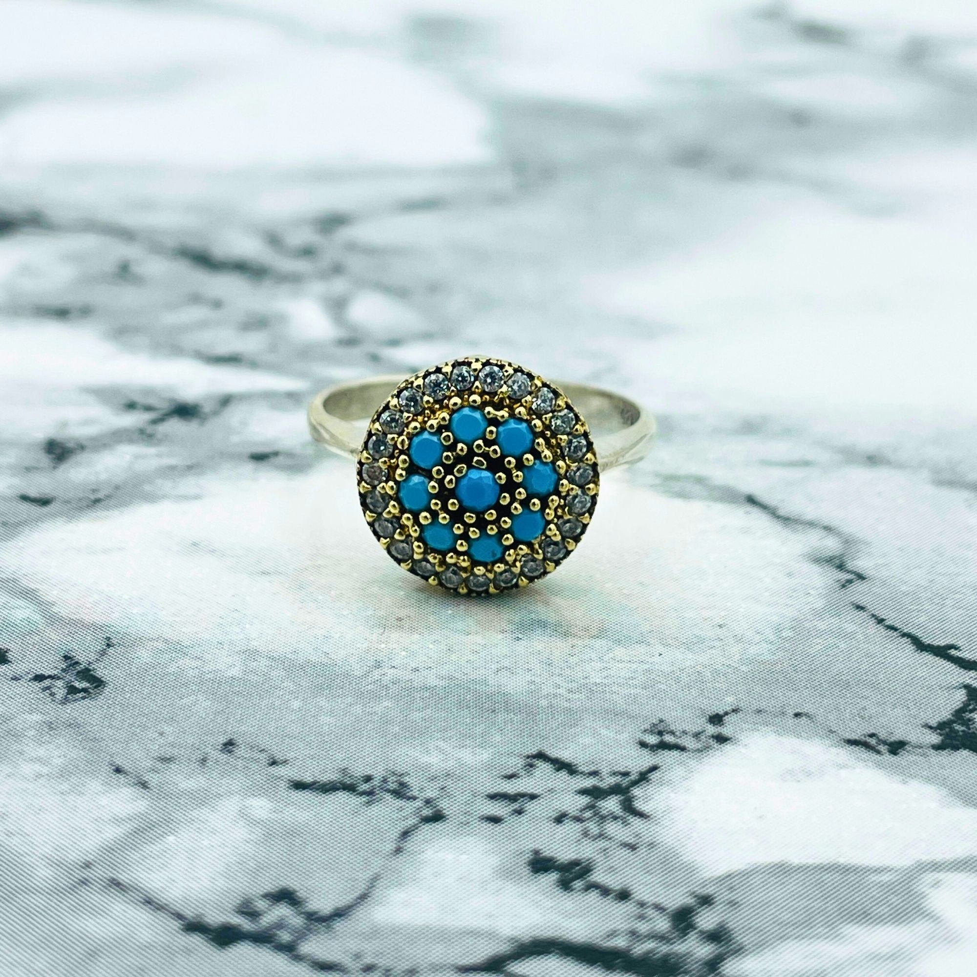 Authentic Ottoman Style Handmade Silver Ring with Genuine Turquoise Gemstone for Women