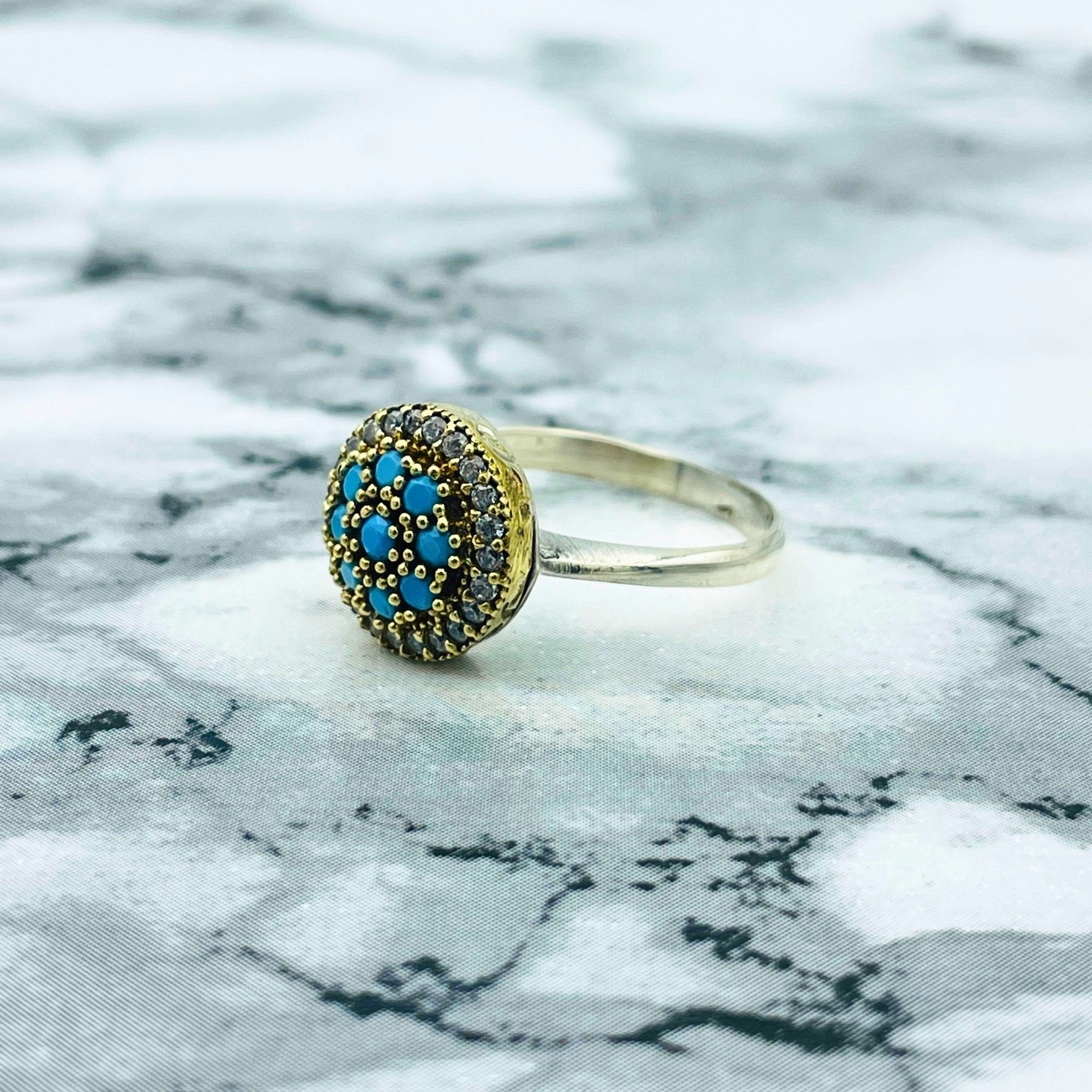 Authentic Ottoman Style Handmade Silver Ring with Genuine Turquoise Gemstone for Women