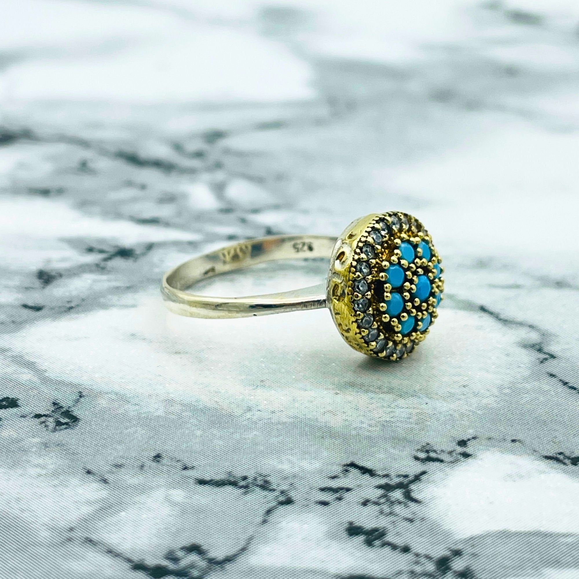 Authentic Ottoman Style Handmade Silver Ring with Genuine Turquoise Gemstone for Women