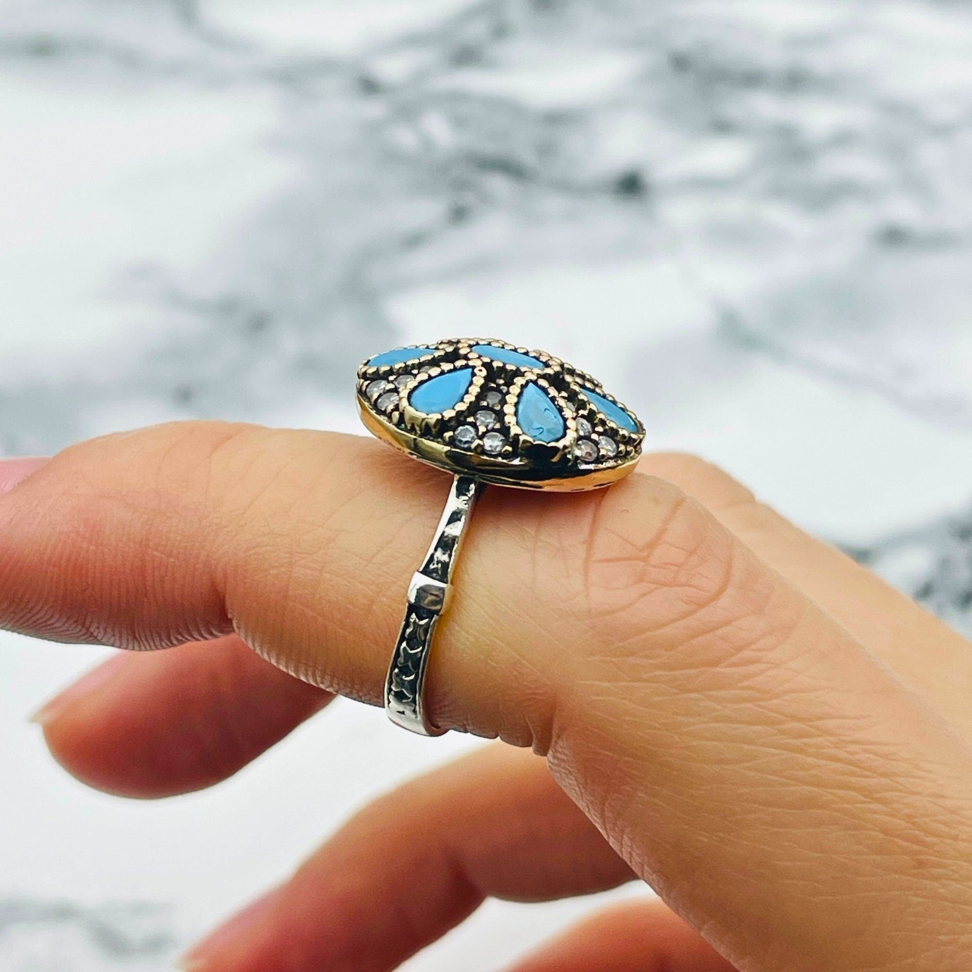 Authentic Turkish Sterling Silver Turquoise Ring | Ottoman Handmade Women's Statement Jewelry
