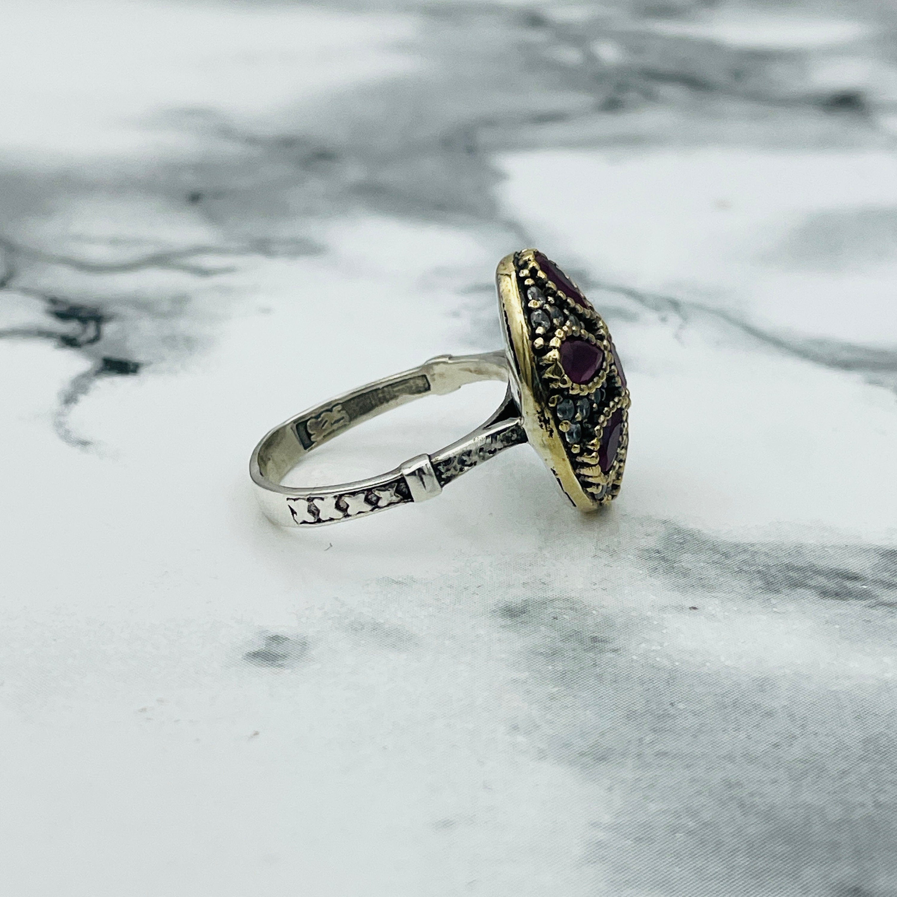 Exquisite Turkish Ottoman Ruby Ring – Handmade Sterling Silver Statement Jewelry for Women