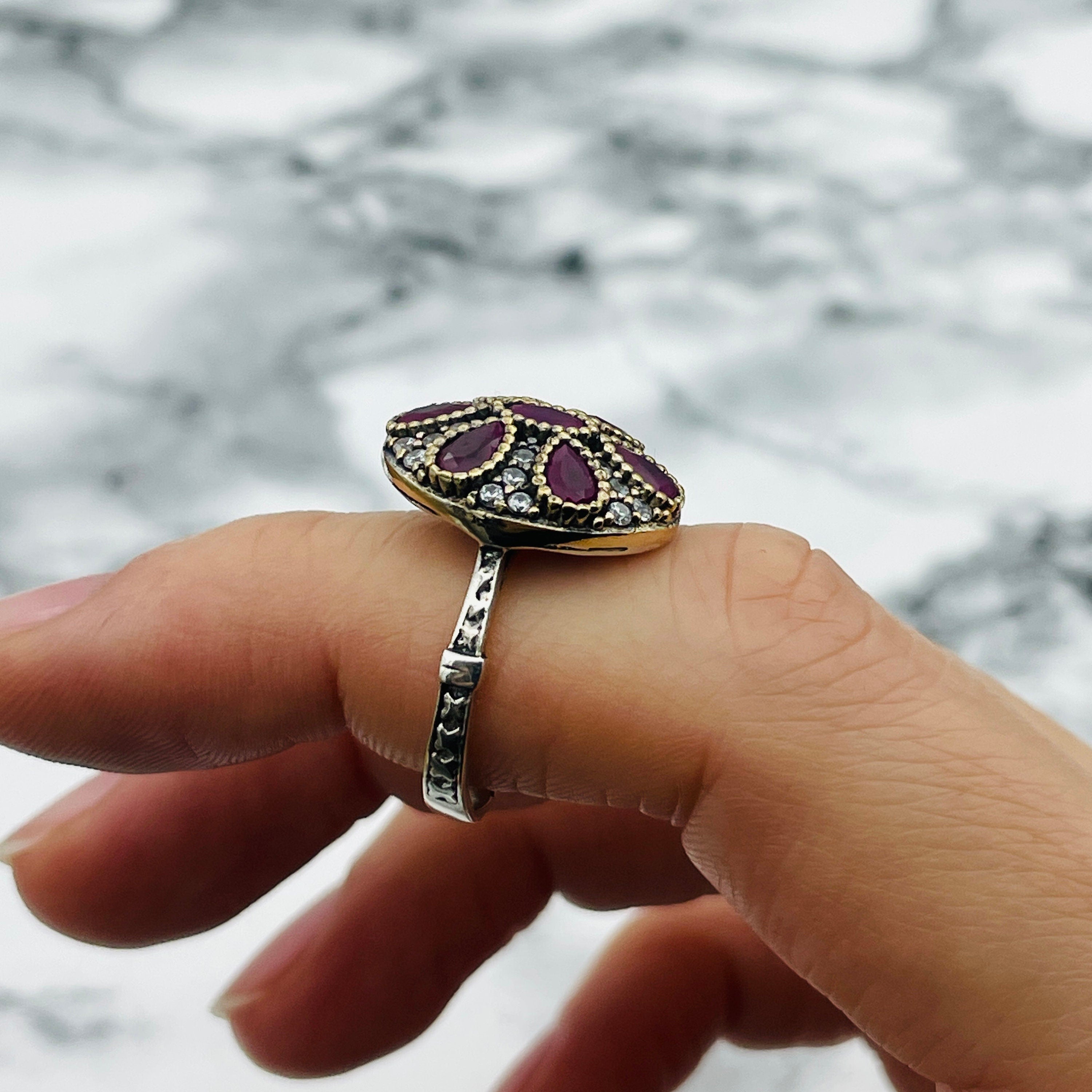 Exquisite Turkish Ottoman Ruby Ring – Handmade Sterling Silver Statement Jewelry for Women