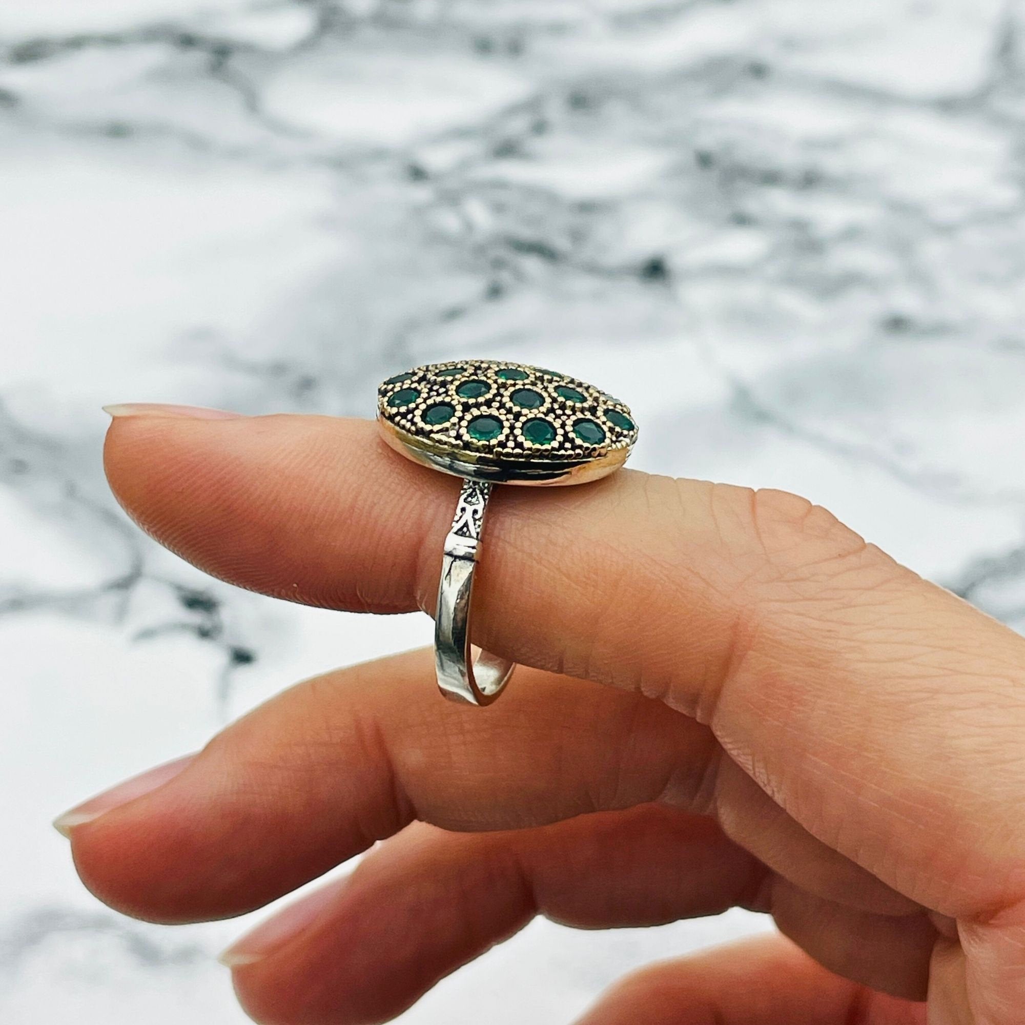 Exquisite Turkish Handmade Emerald Silver Ring | Ottoman Style Statement Jewelry for Women