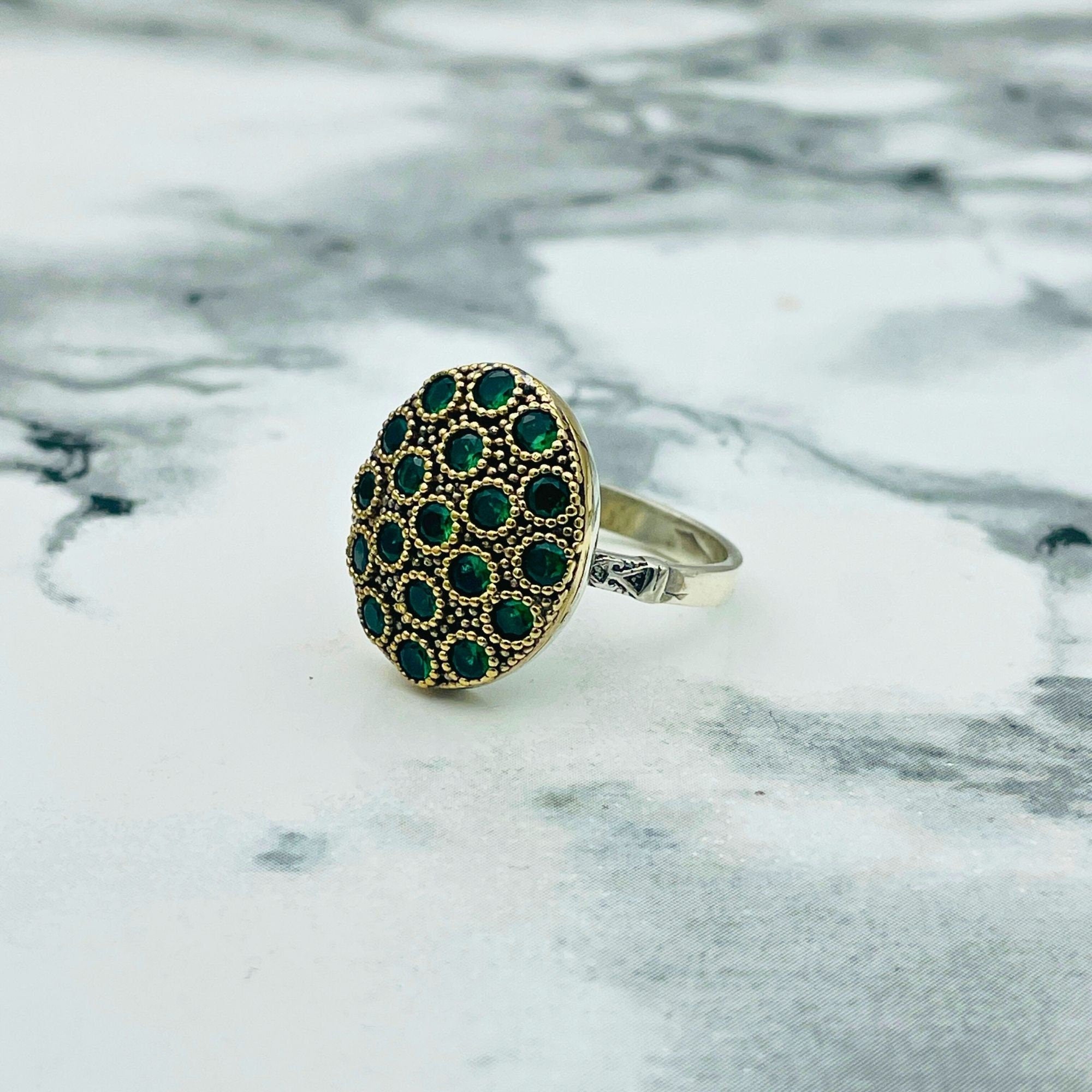Exquisite Turkish Handmade Emerald Silver Ring | Ottoman Style Statement Jewelry for Women
