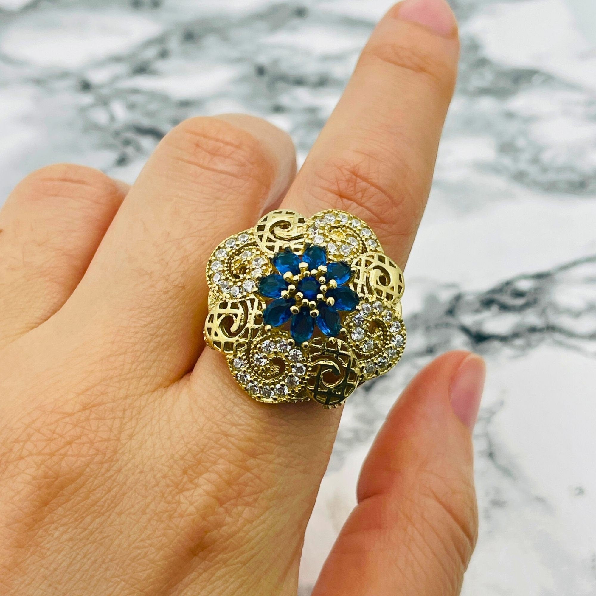 Vintage Handmade 925 Sterling Silver Sapphire & Zircon Filigree Floral Statement Ring for Women