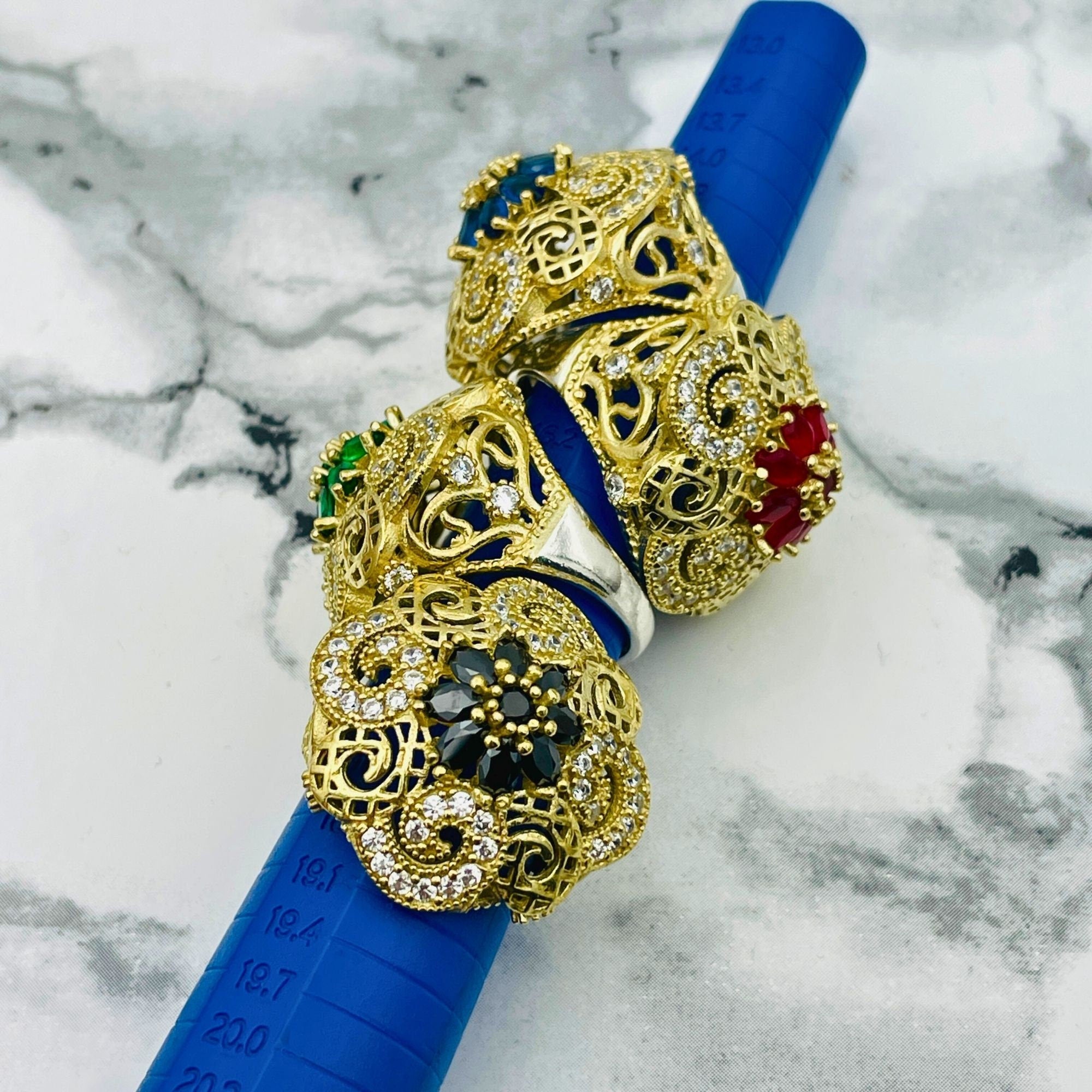 Vintage Handmade 925 Sterling Silver Sapphire & Zircon Filigree Floral Statement Ring for Women