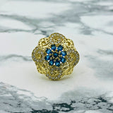 Vintage Handmade 925 Sterling Silver Sapphire & Zircon Filigree Floral Statement Ring for Women