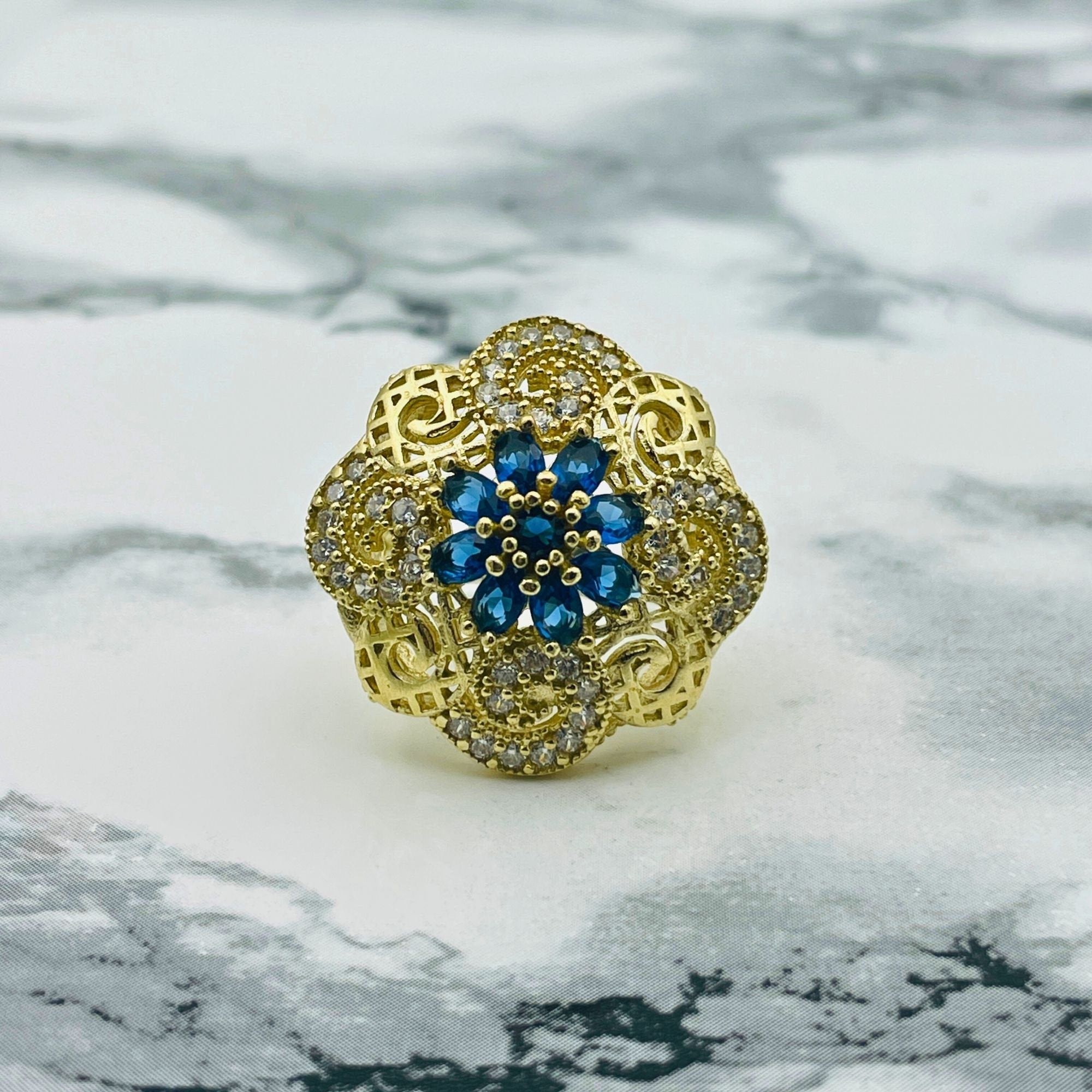 Vintage Handmade 925 Sterling Silver Sapphire & Zircon Filigree Floral Statement Ring for Women