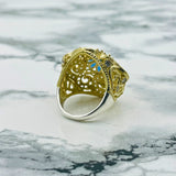 Vintage Handmade 925 Sterling Silver Sapphire & Zircon Filigree Floral Statement Ring for Women