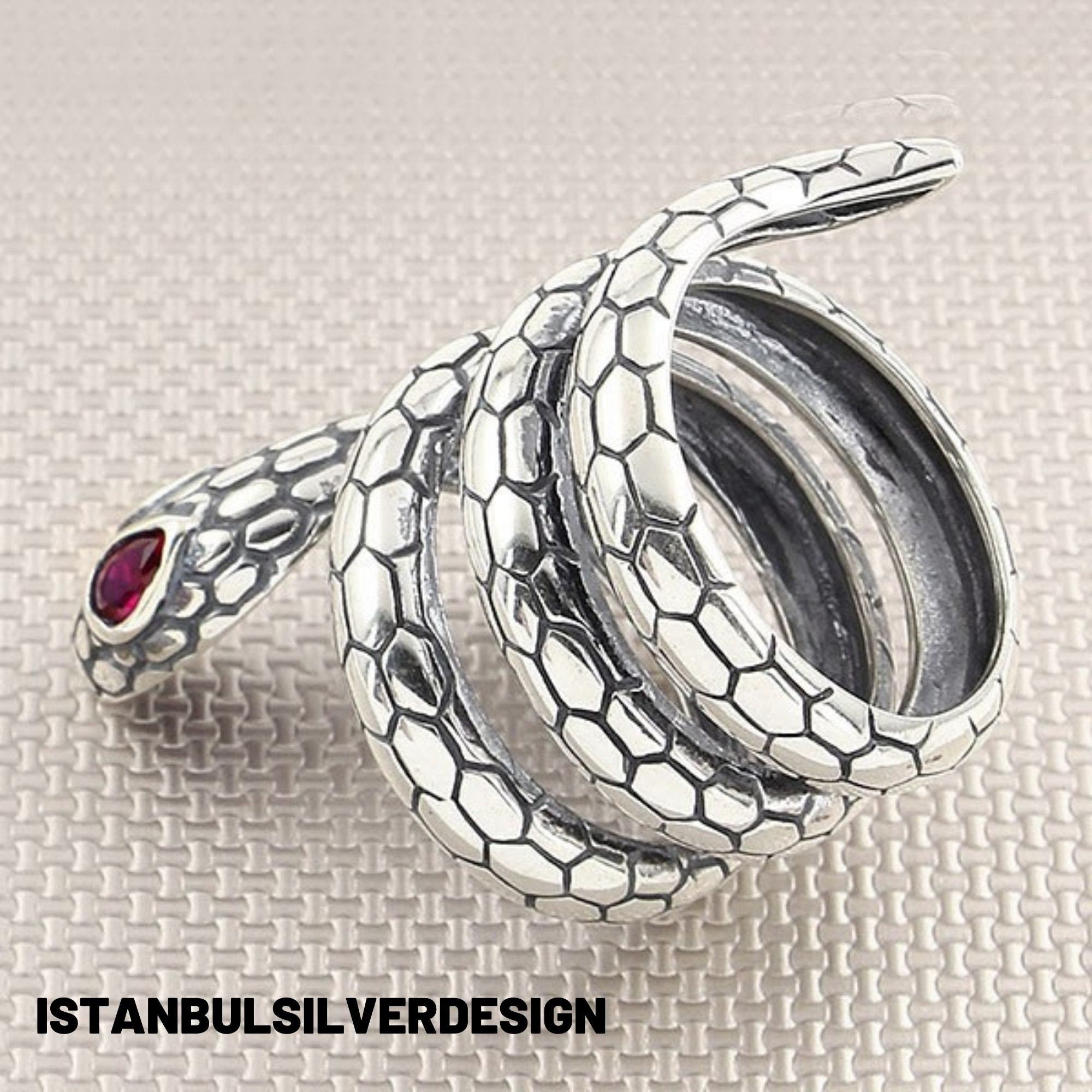 Handmade Vintage 925 Sterling Silver Snake Ring with Red Stone Eyes - Unisex Serpent Jewelry