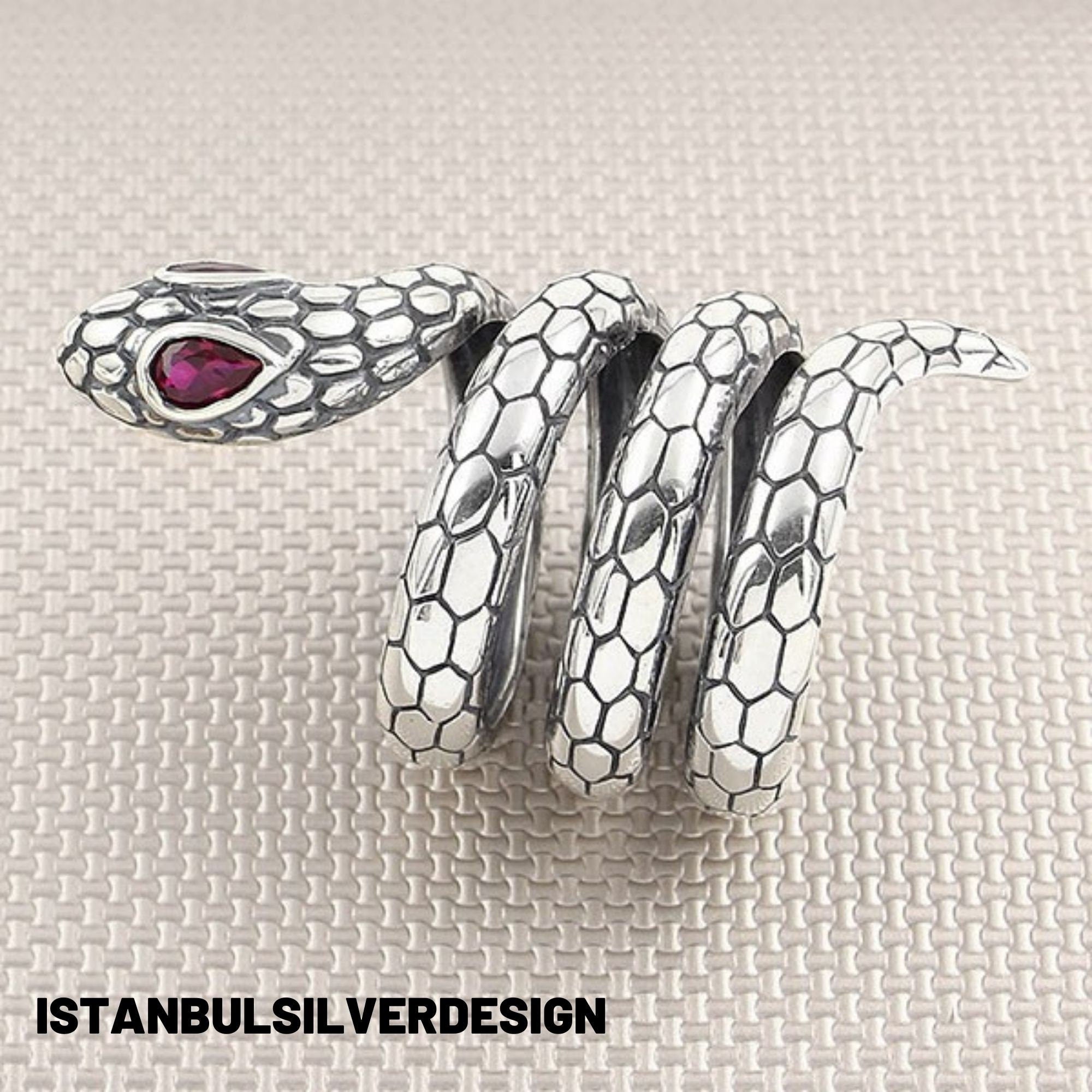 Handmade Vintage 925 Sterling Silver Snake Ring with Red Stone Eyes - Unisex Serpent Jewelry