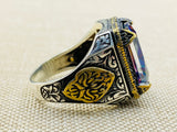خاتم فضة استرليني 925 للرجال مصنوع يدوياً على الطراز العثماني بحجر التوباز الغامض - هدية فريدة للتصريح