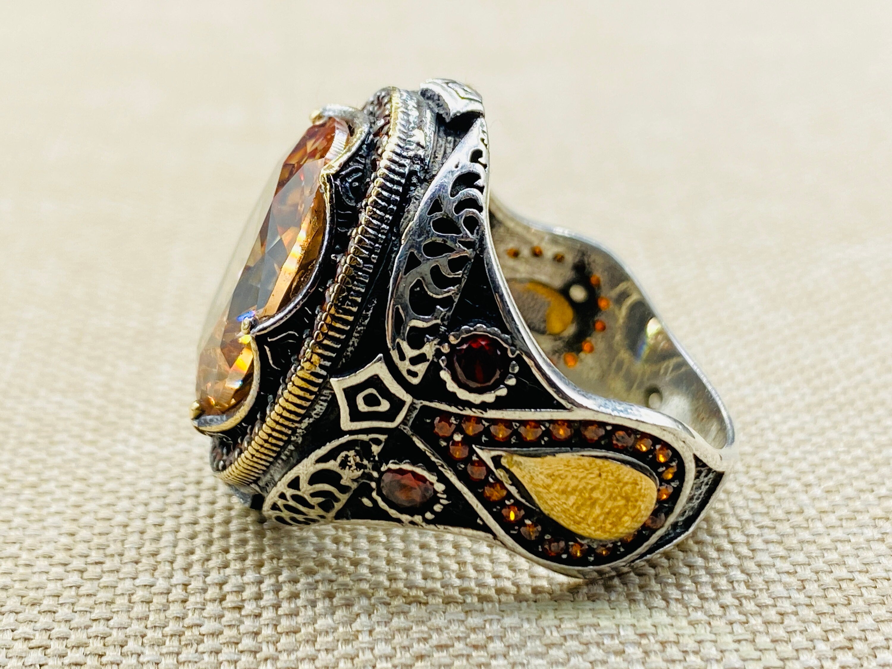 Turkish Ottoman Style 925 Sterling Silver Citrine Ring - Handmade Unisex Gemstone Jewelry