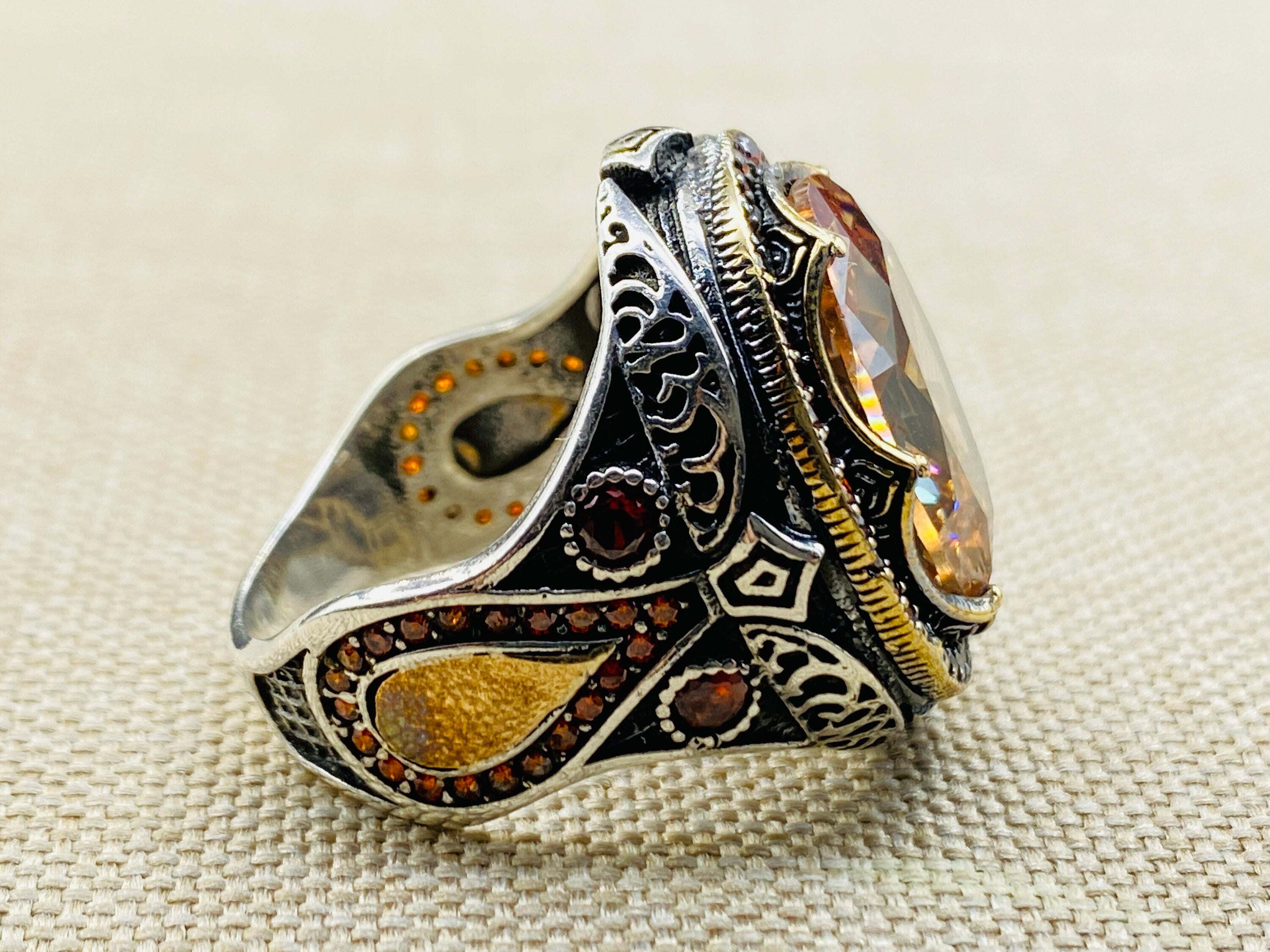 Turkish Ottoman Style 925 Sterling Silver Citrine Ring - Handmade Unisex Gemstone Jewelry