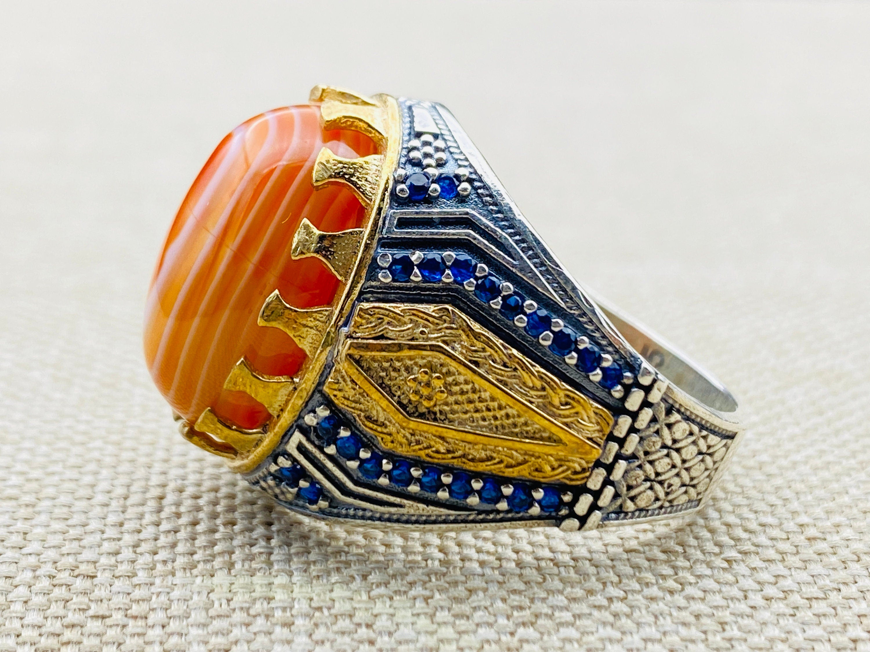 Men's Authentic Yemeni Aqeeq Orange Stone Ring - Handcrafted 925 Sterling Silver Ottoman Design