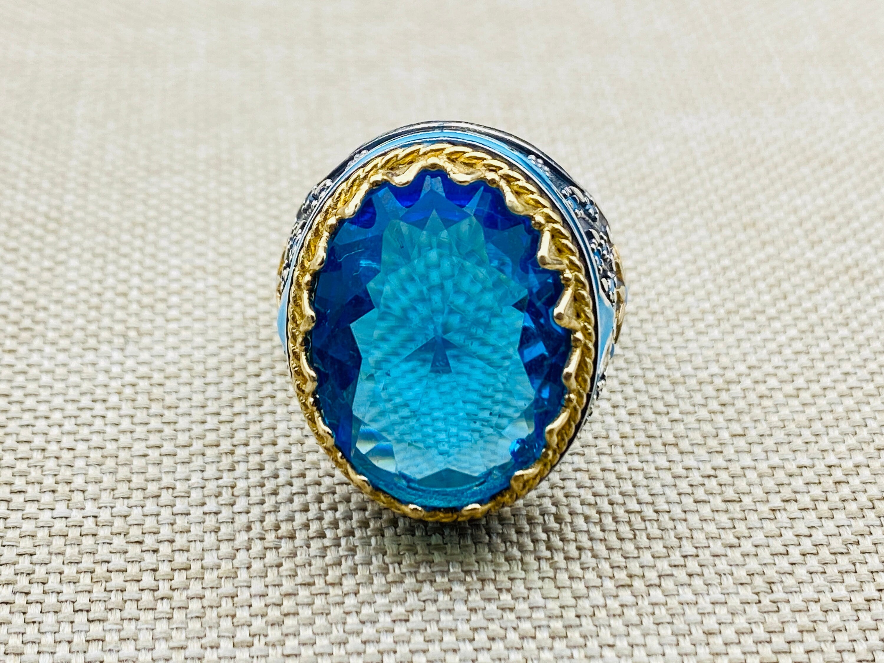 Exquisite Turkish Handcrafted 925 Sterling Silver Men's Blue Aquamarine Oval Ring - Ottoman Style Statement Jewelry