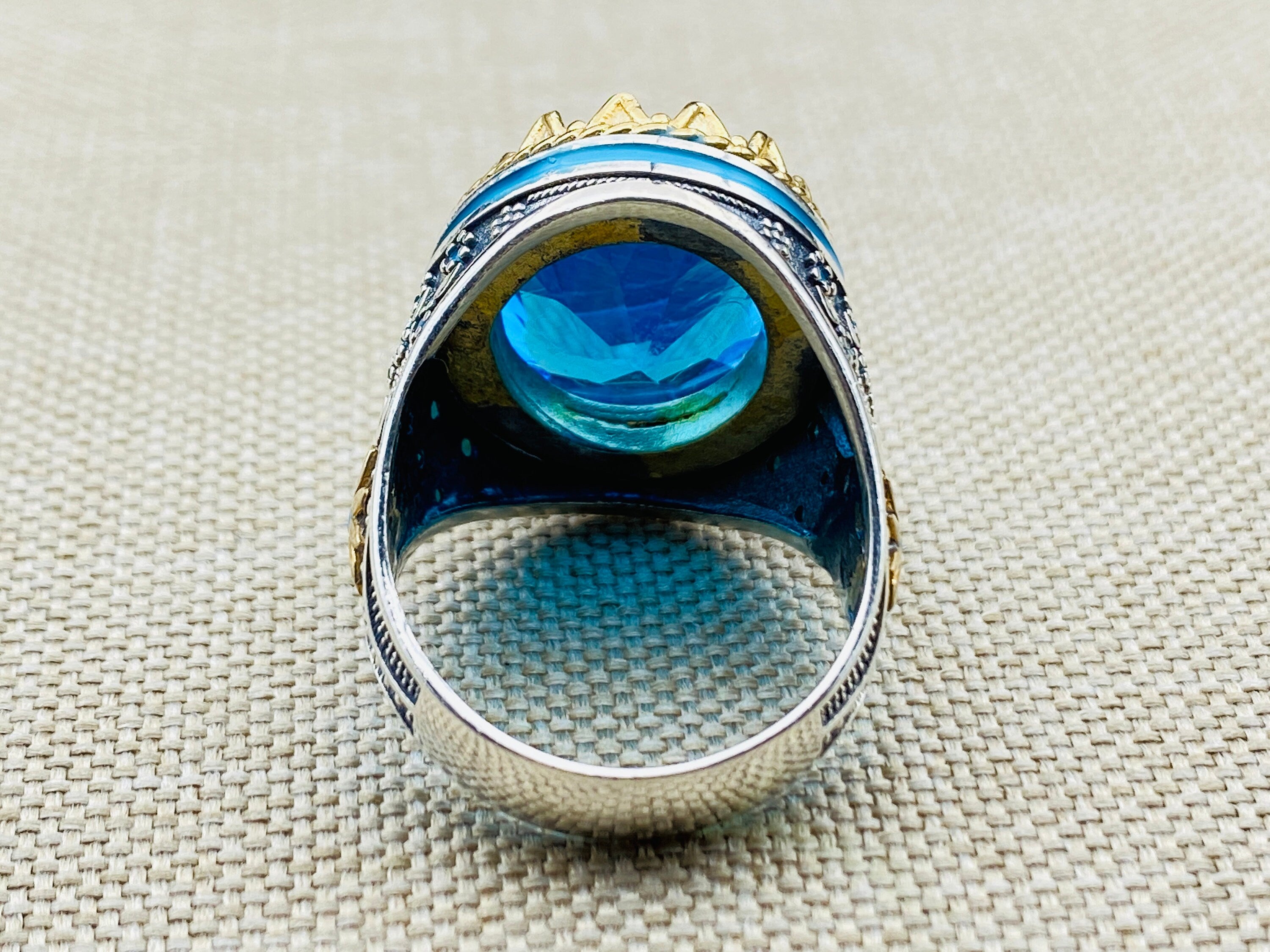 Exquisite Turkish Handcrafted 925 Sterling Silver Men's Blue Aquamarine Oval Ring - Ottoman Style Statement Jewelry