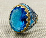 Exquisite Turkish Handcrafted 925 Sterling Silver Men's Blue Aquamarine Oval Ring - Ottoman Style Statement Jewelry