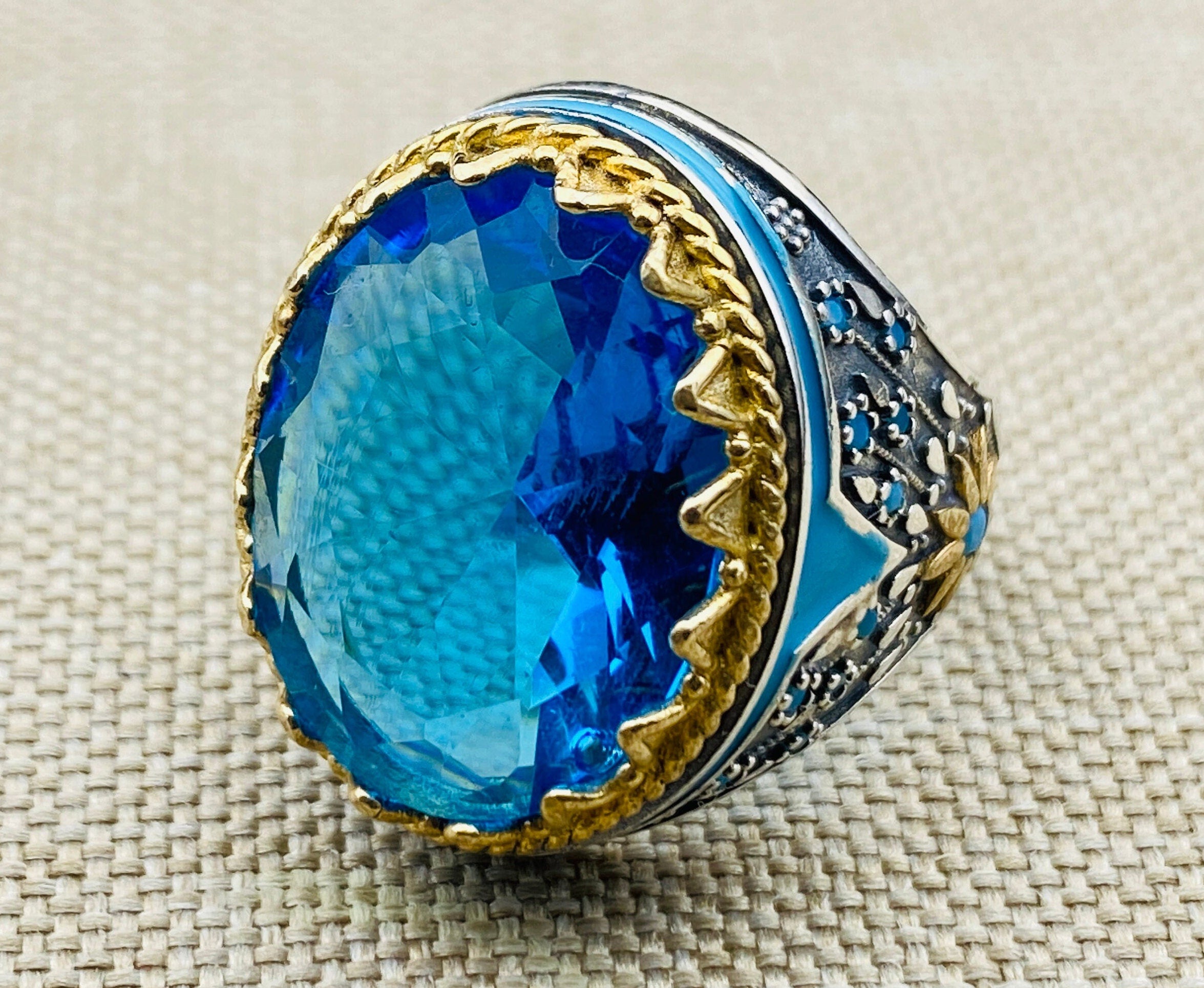Exquisite Turkish Handcrafted 925 Sterling Silver Men's Blue Aquamarine Oval Ring - Ottoman Style Statement Jewelry