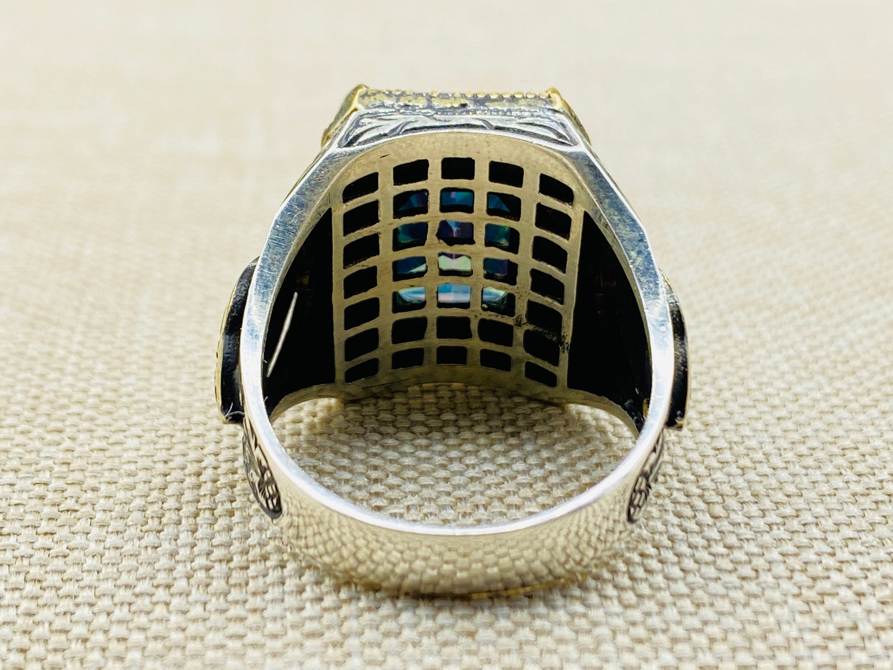 خاتم فضة استرليني 925 للرجال مصنوع يدوياً على الطراز العثماني بحجر التوباز الغامض - هدية فريدة للتصريح