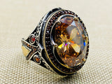 Turkish Ottoman Style 925 Sterling Silver Citrine Ring - Handmade Unisex Gemstone Jewelry
