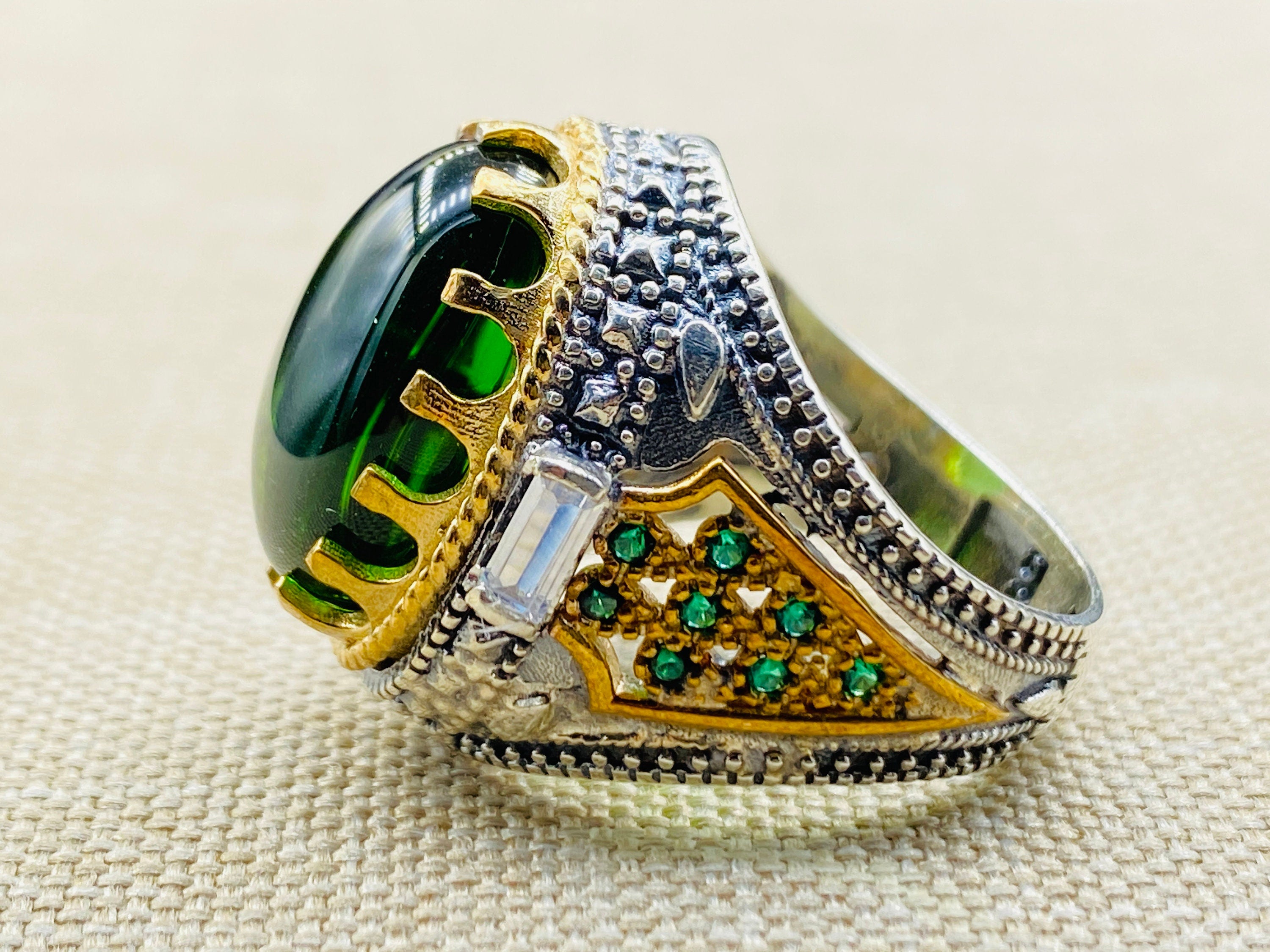 Men's Emerald Stone Green 925 Sterling Silver Ring