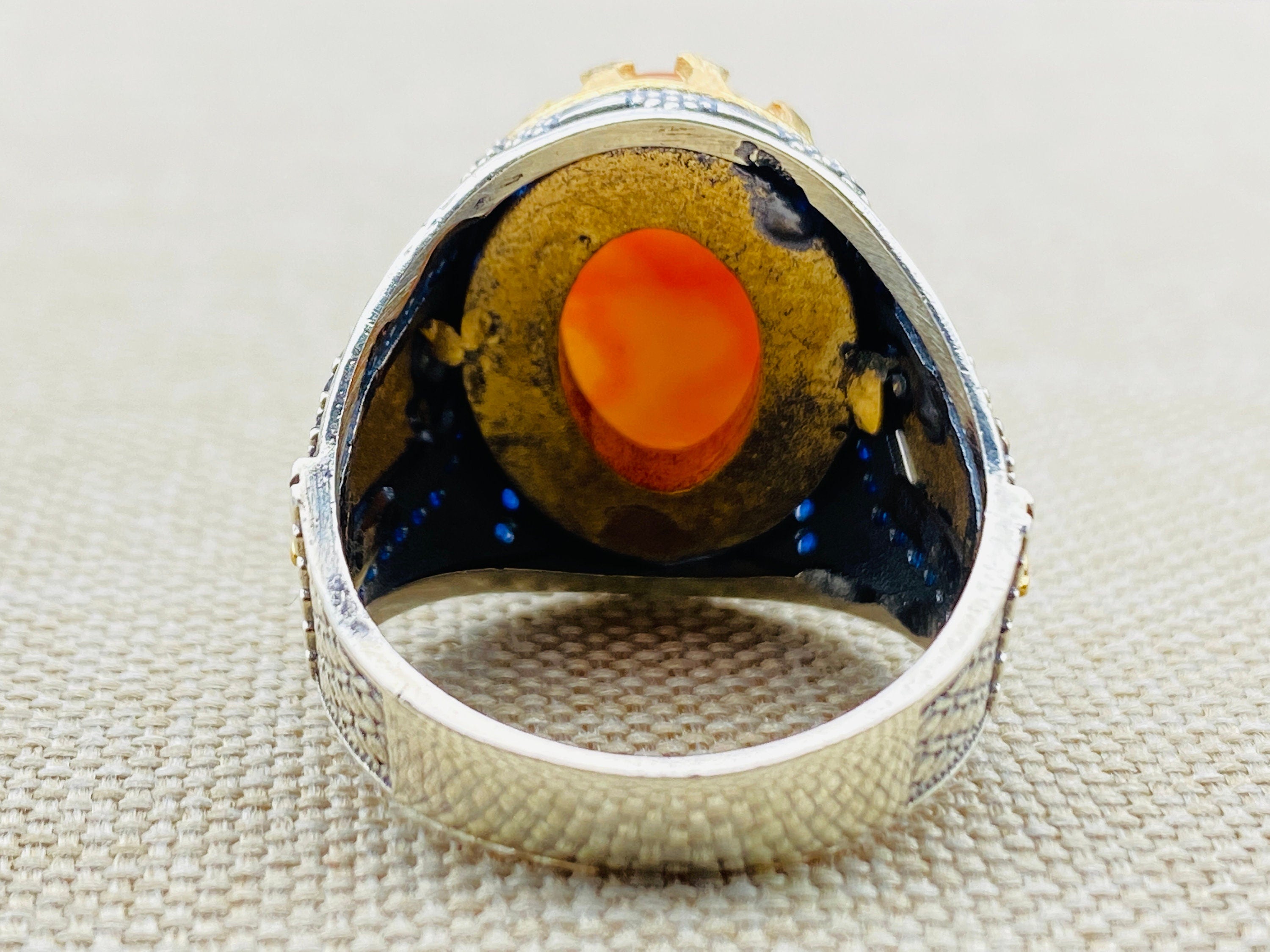 Men's Authentic Yemeni Aqeeq Orange Stone Ring - Handcrafted 925 Sterling Silver Ottoman Design